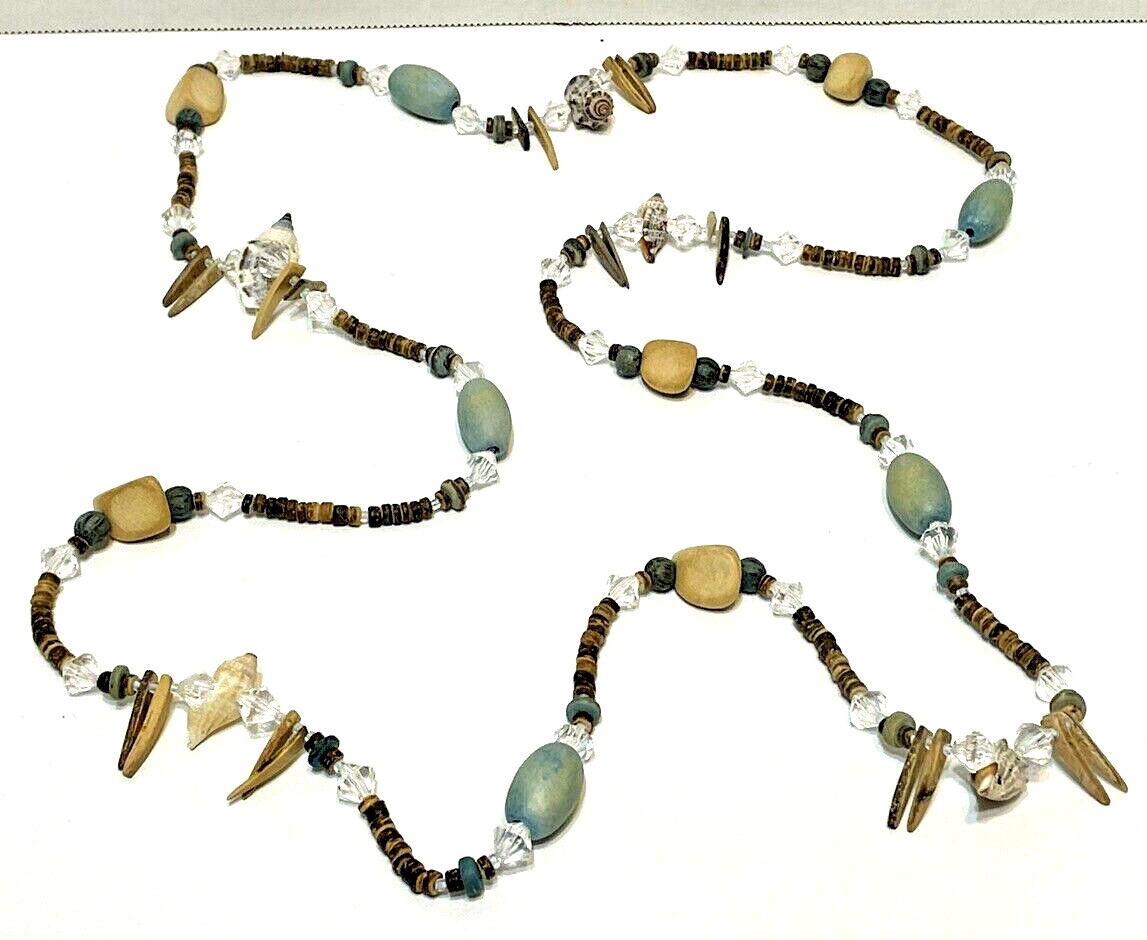 Womens Necklace Wood and Glass Beads Shells Slip Over 27 Inches Multicolor