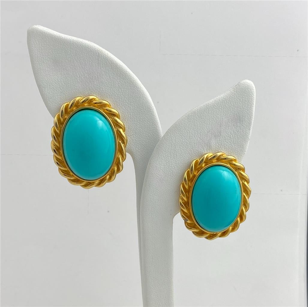 1980’s Gay Boyer Large Oval Turquoise Color Cabochon Gold Tone Clip Earrings