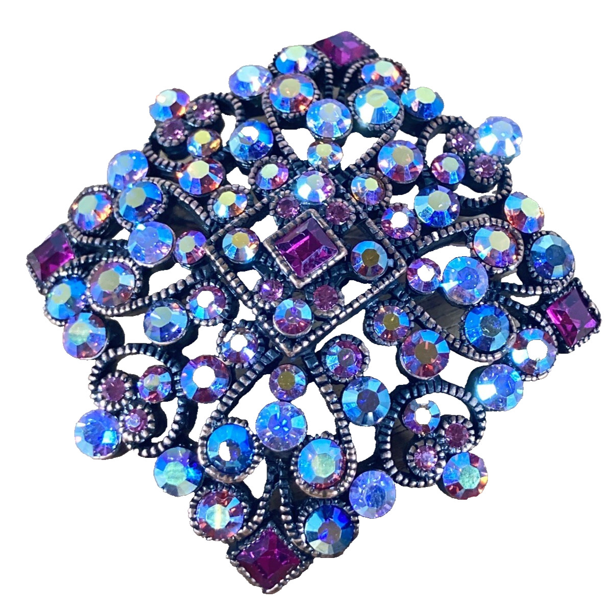 Joan Rivers Signed Square Bronze Magenta Blue Pink Rhinestone Brooch Earrings