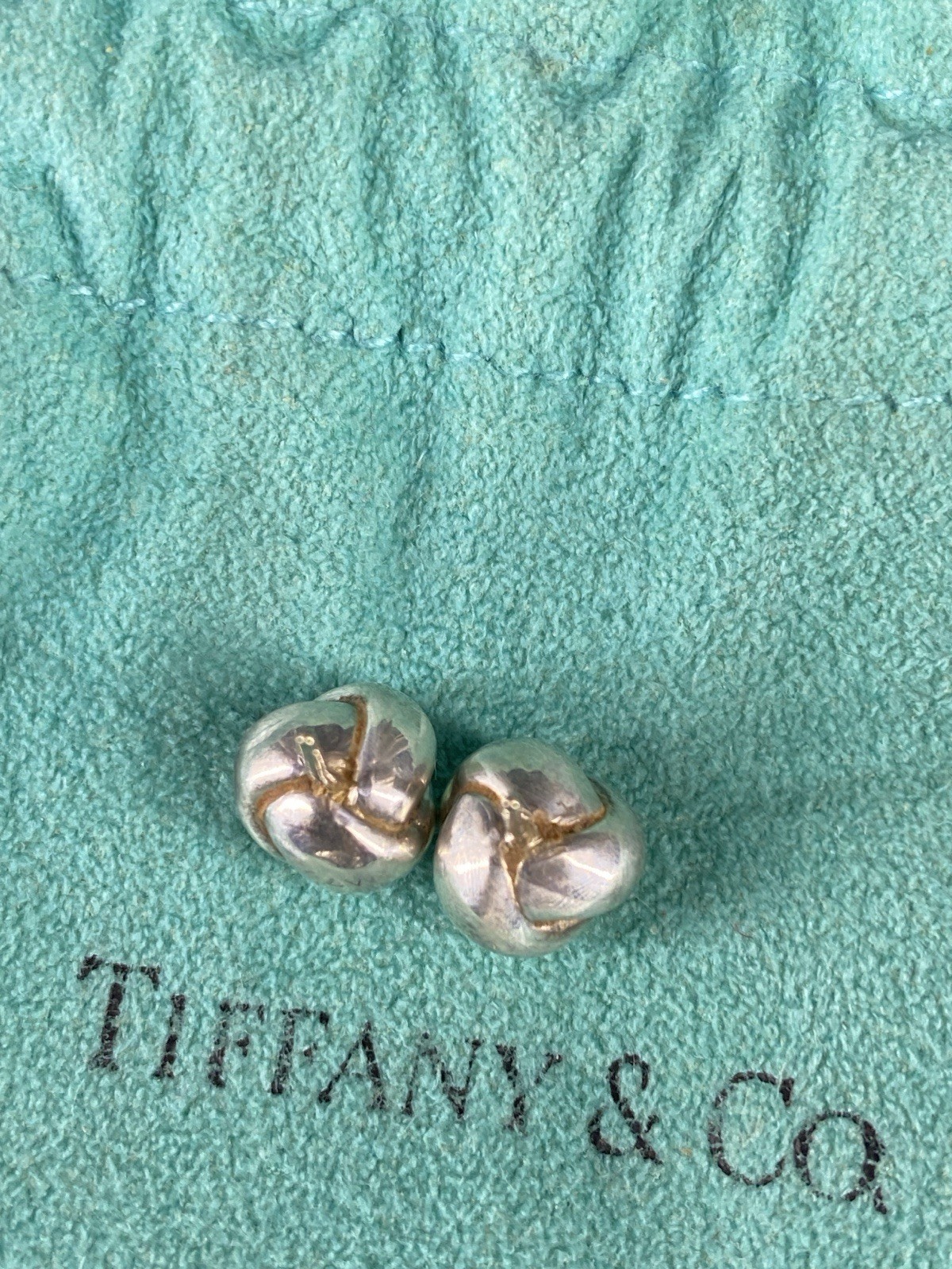 Tiffany & Co 925 Sterling Silver Twist Knot Love Ball Stud Earrings w/ Pouch
