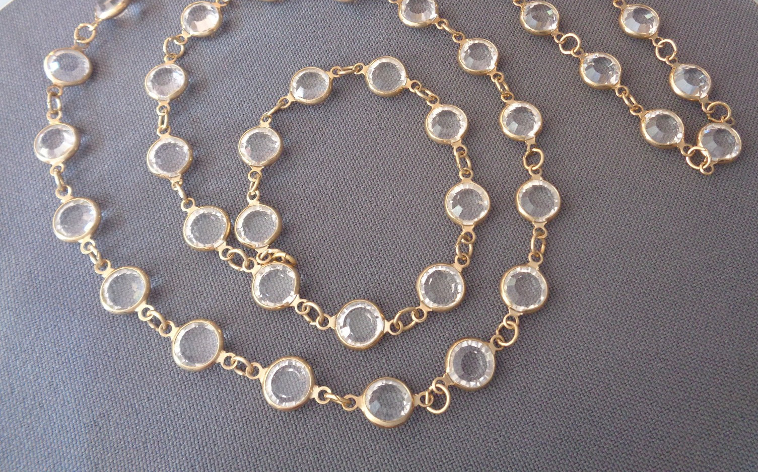 Vintage Necklace & Bracelet Set Bezel Set Faceted Clear Crystals Gold Tone