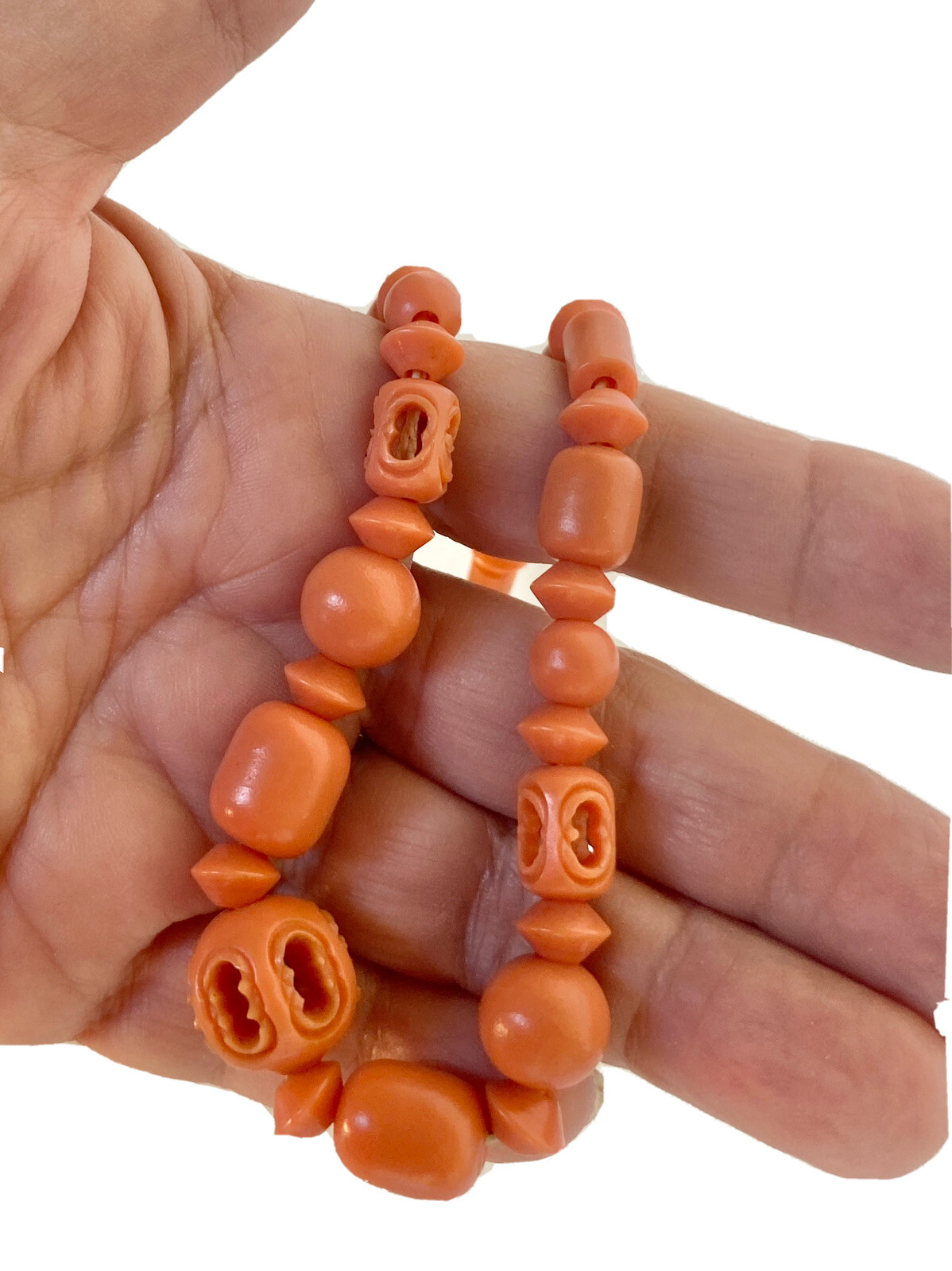 Vintage Celluloid Necklace in Salmon/Coral Color, 16-1/2″ Long