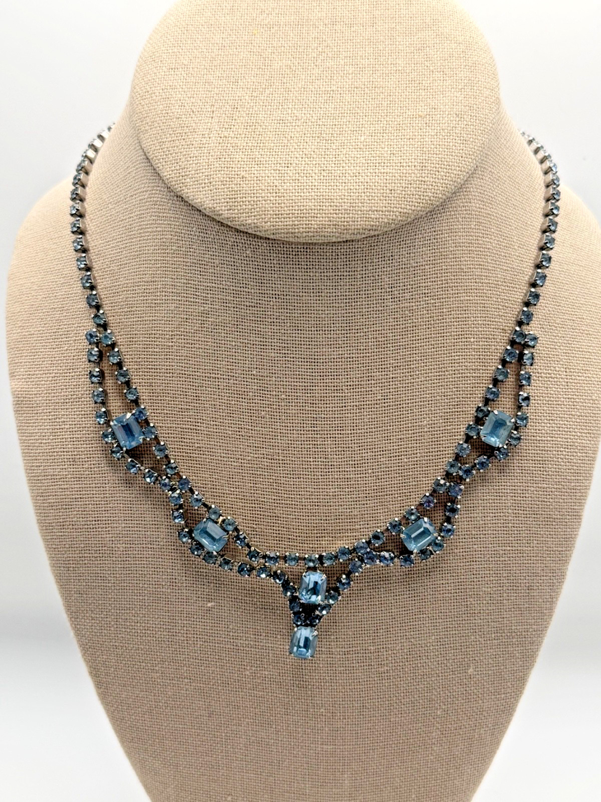 Vintage light blue rhinestone statement necklace in silver-tone setting – 16.5 “