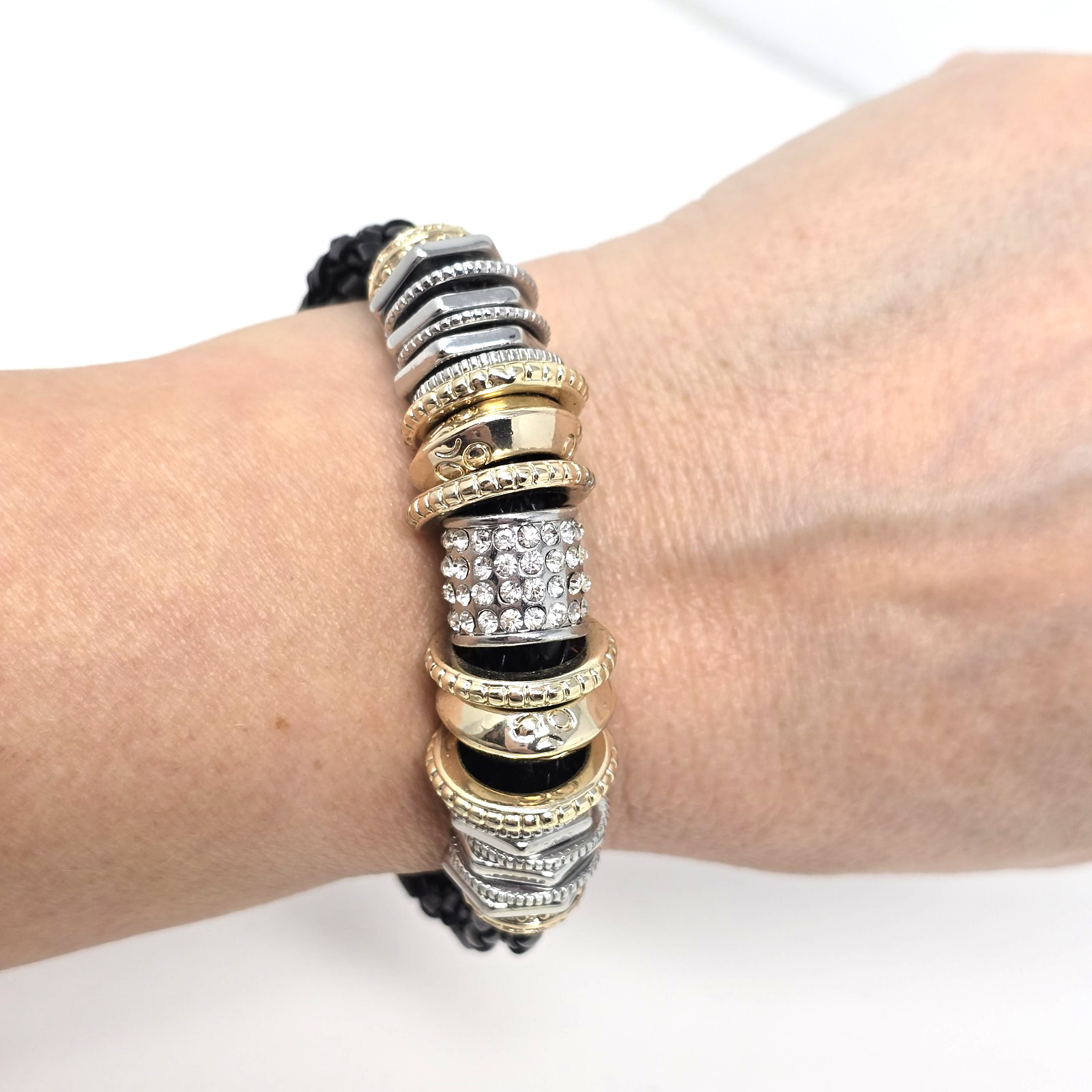 CHICO’S Silvertone Rhinestones 5 Leather Strands Set 22″ Necklace Bracelet