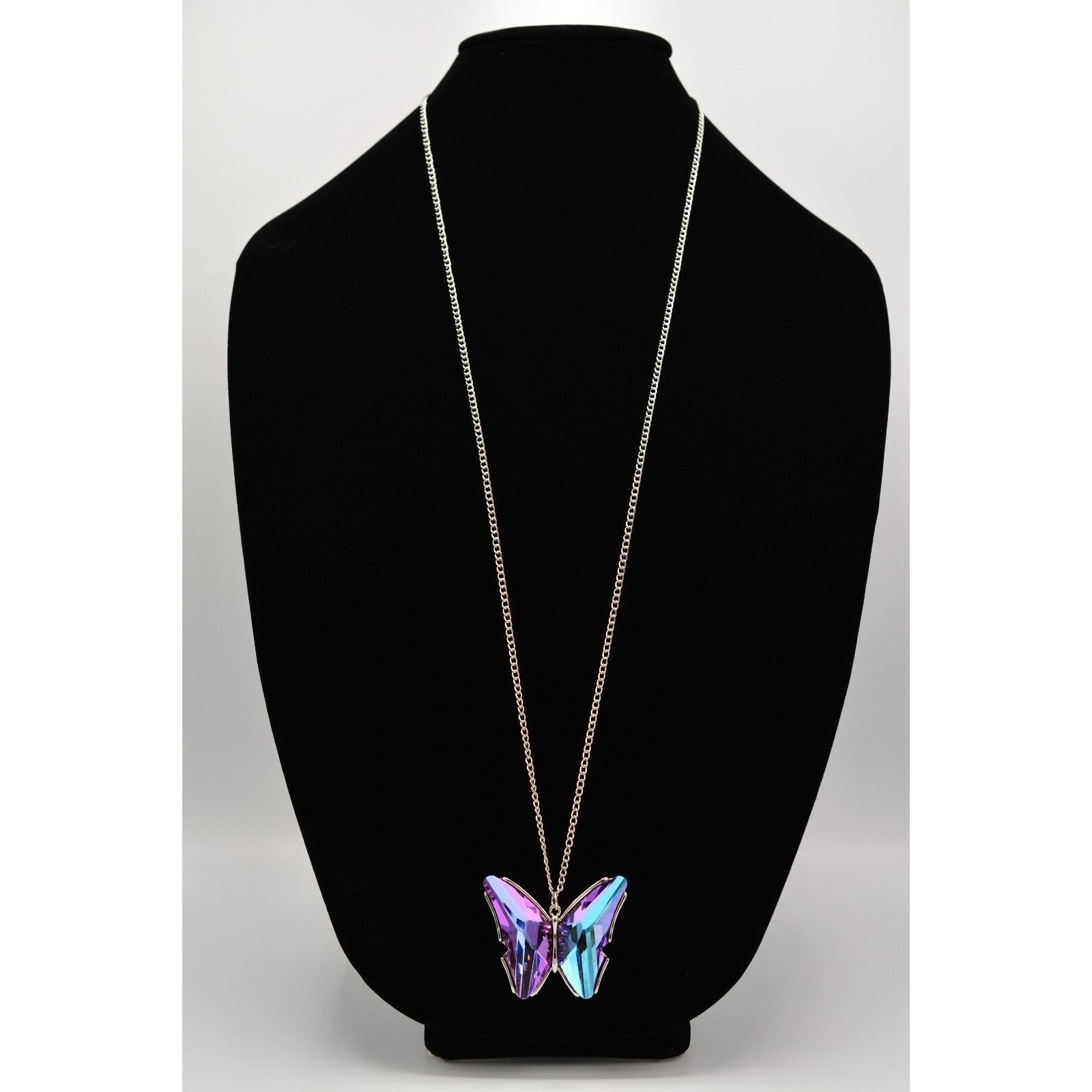 Vintage Crystal Butterfly Pendant Necklace Purple Blue Silver Chain 1990s Bin3C