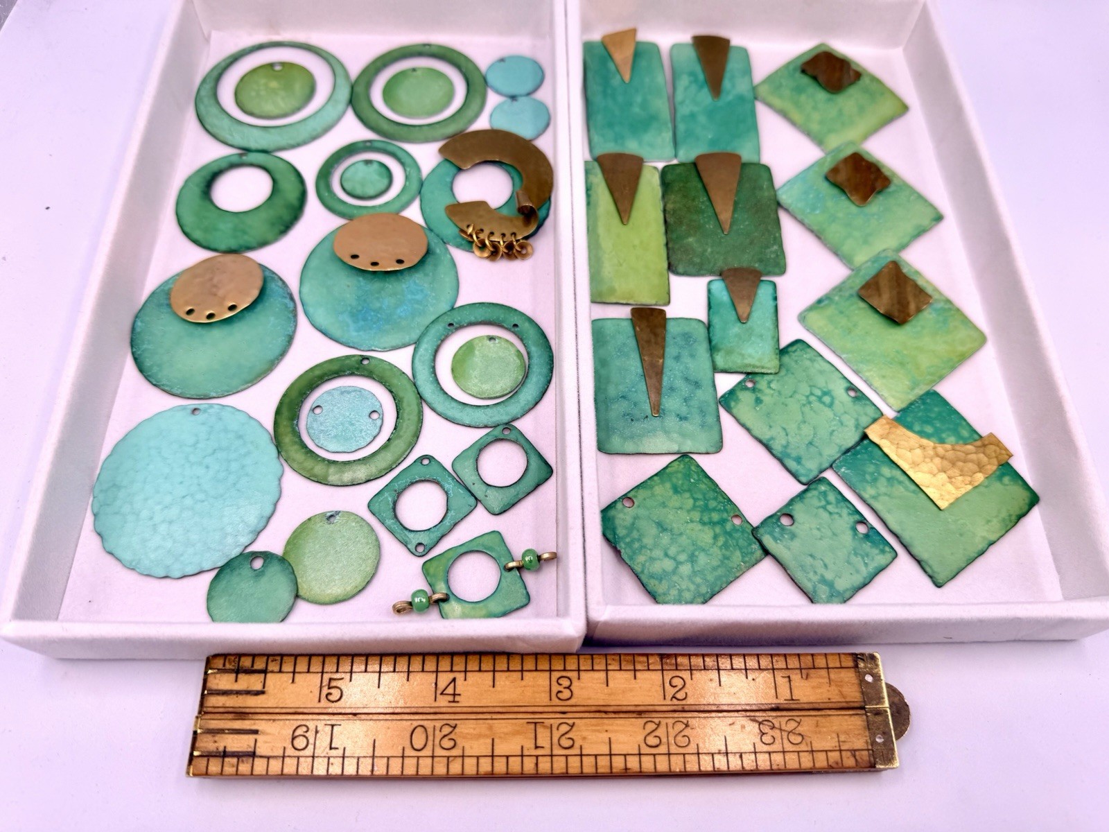34 Pcs Vintage Handmade Hammered Brass Copper Layered Enamel Green Findings