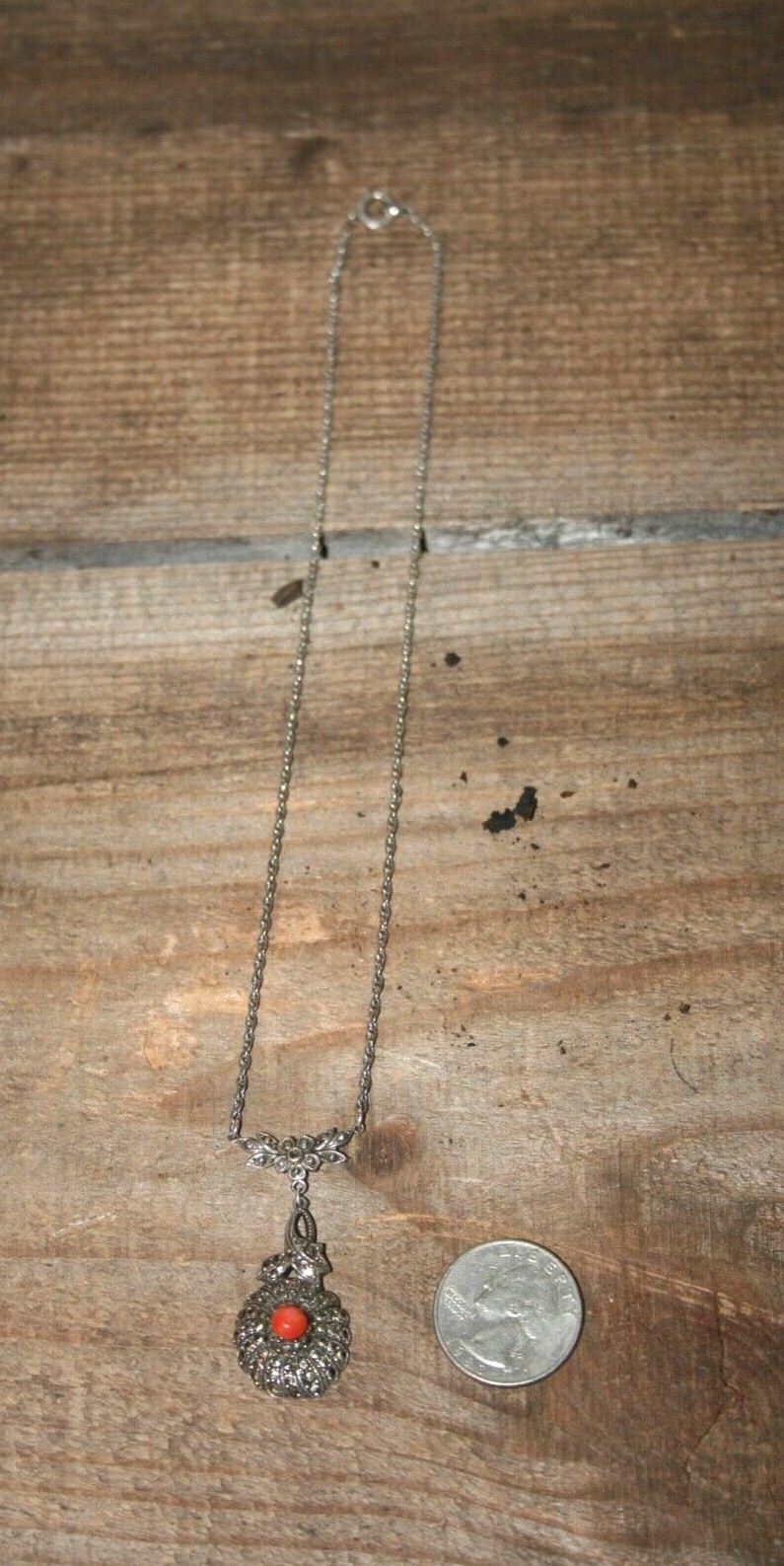 Vintage / Antique Art Deco Sterling Silver Coral & Marcasite Necklace 16″