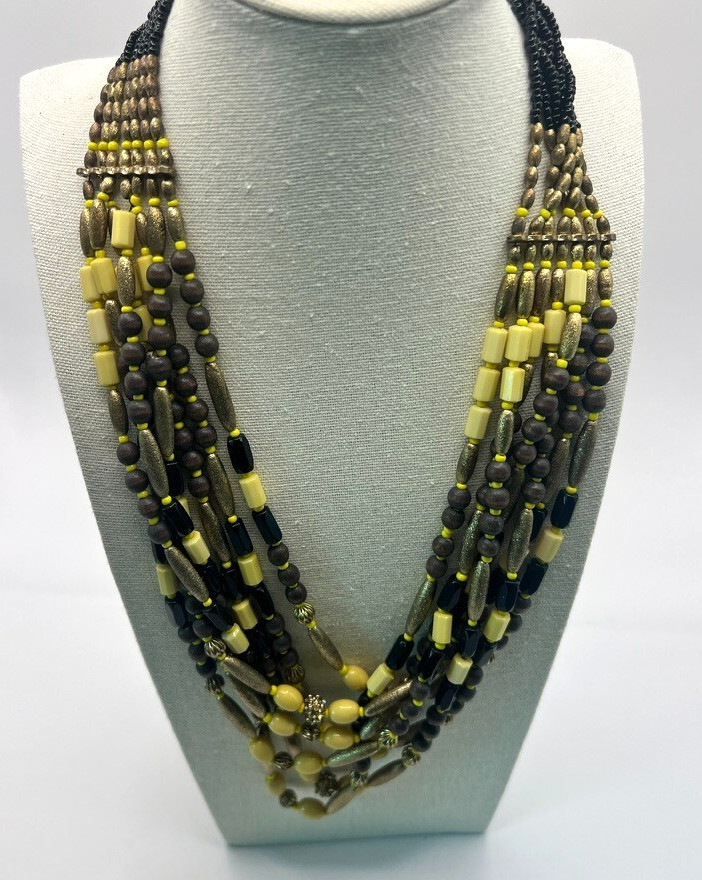 Vintage Boho Multi-Strand Necklace Yellow Black Natural Wood Seed Beads Earthy
