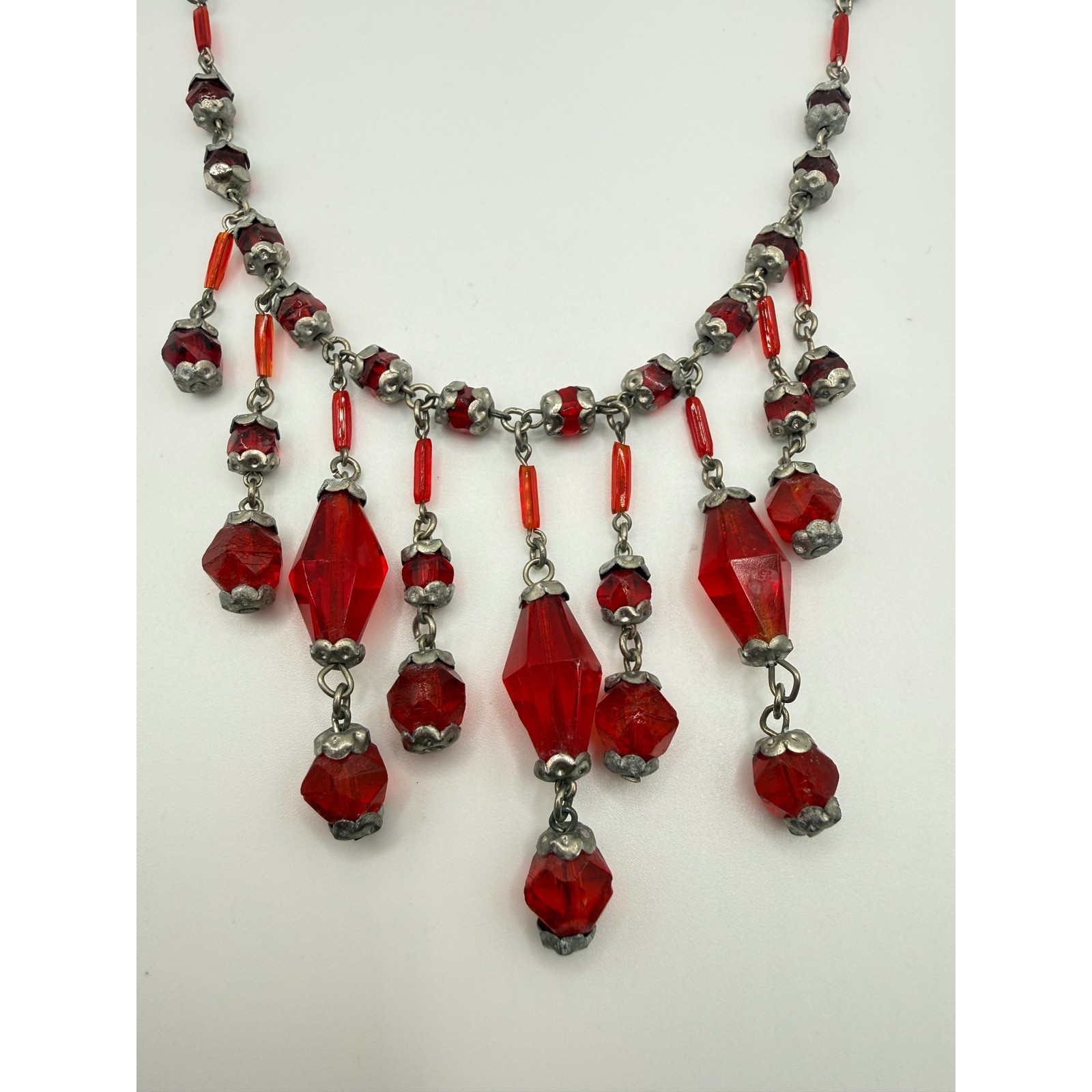 Vintage Red Glass Fringe Bib Necklace Silver Tone Beaded Art Deco