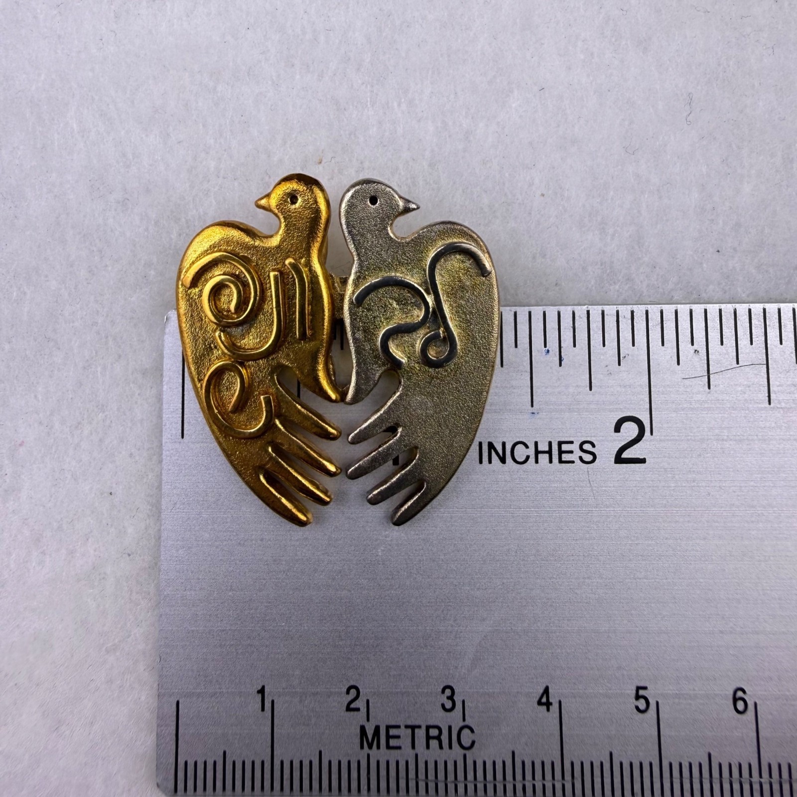 Unknown Gender Metal Gold Tone & Silver Tone Dual Bird Brooch Signed By Artist
