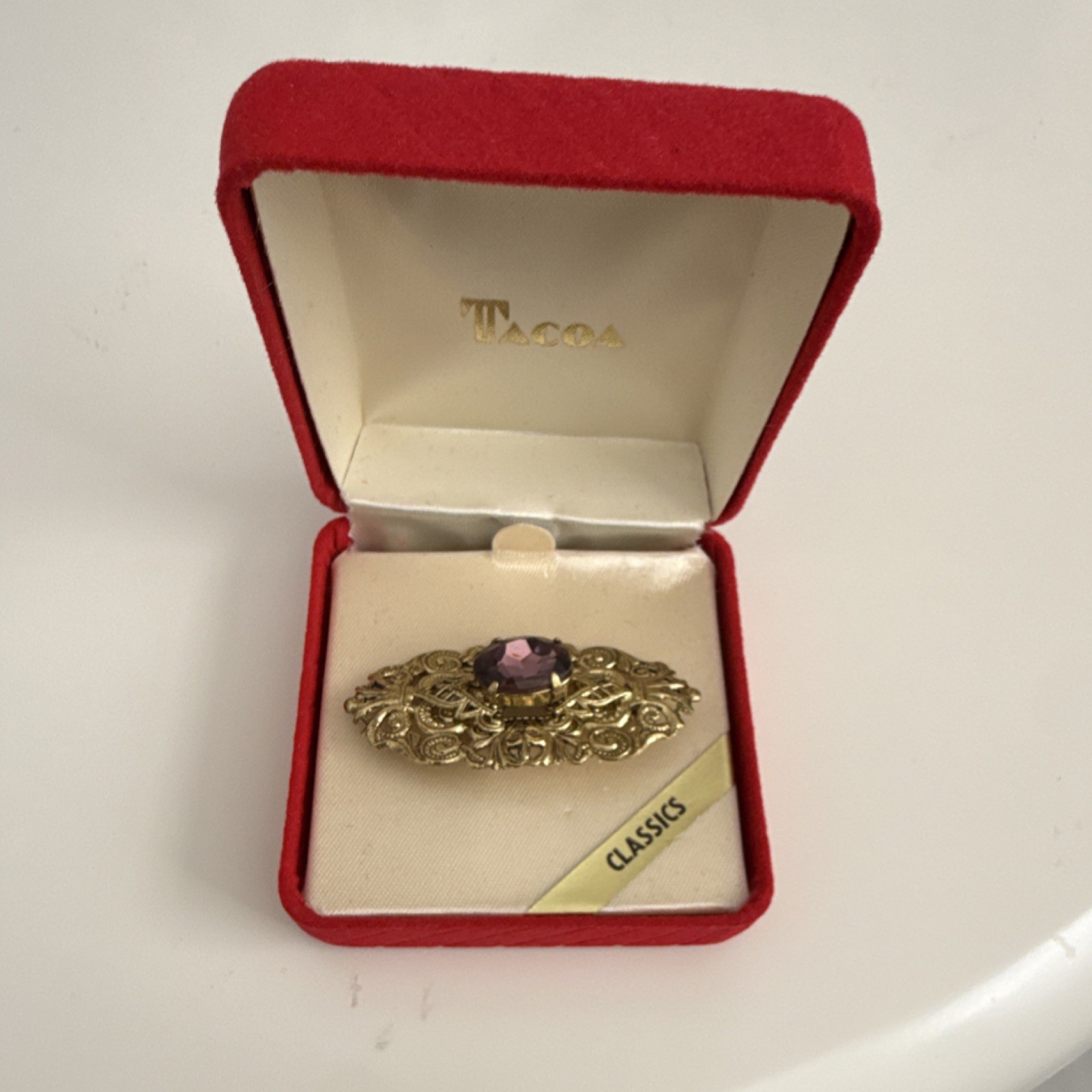 Tacoa Vintage Gold Tone Brooch Purple Oval Glass Stone Bezel Setting vintage
