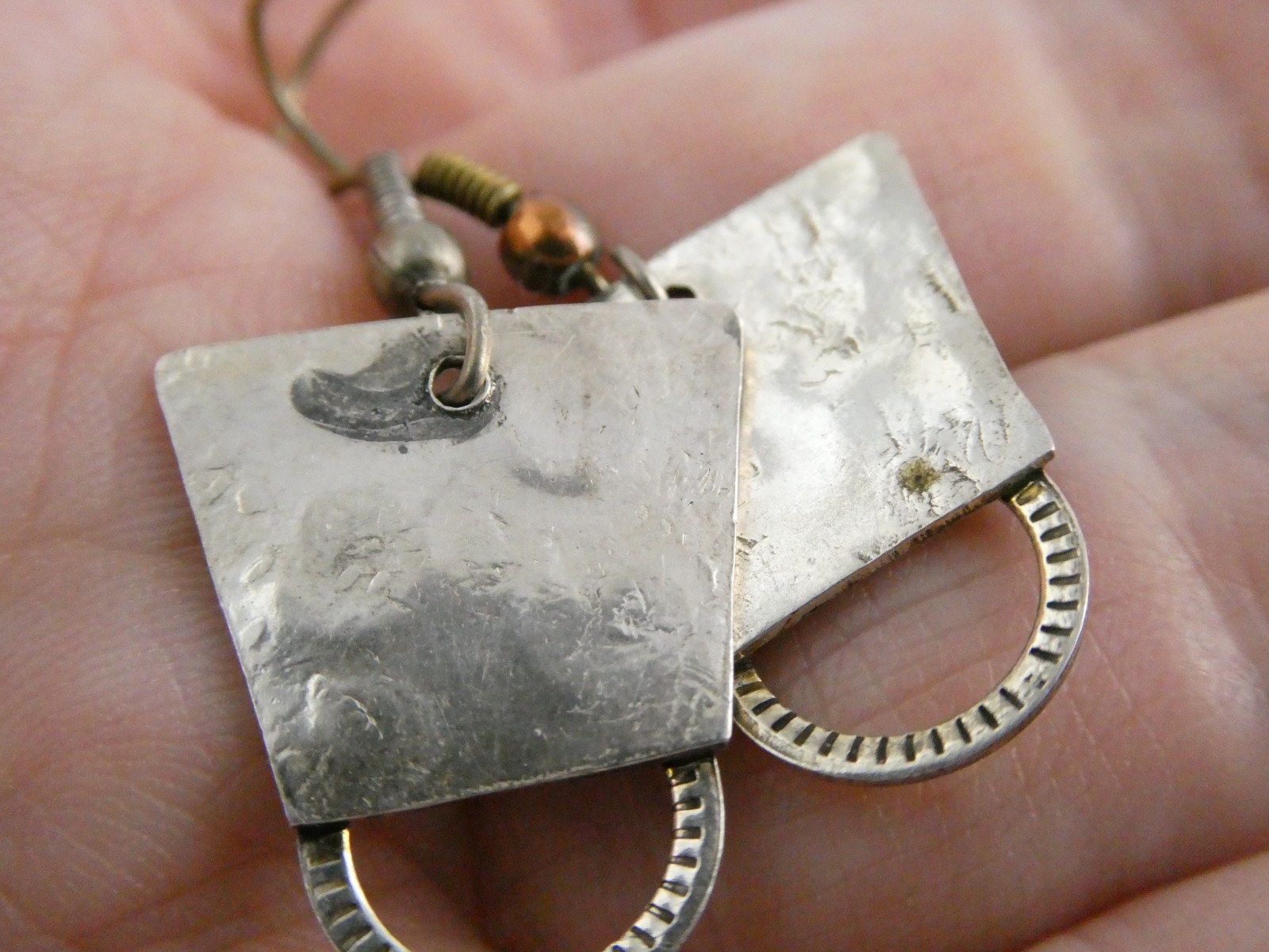 Vintage Sterling Silver Artisan Mixed Metals Iolite Hook Earrings 4.3g 1.25 Inch
