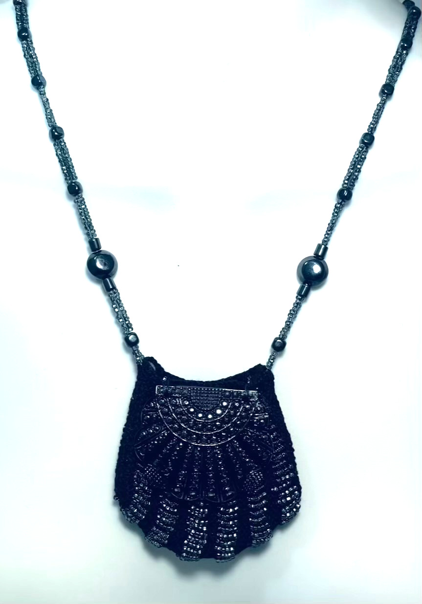 Miniature Beaded Purse Necklace Shell Shaped Black Gray Amulet Keepsake Holder