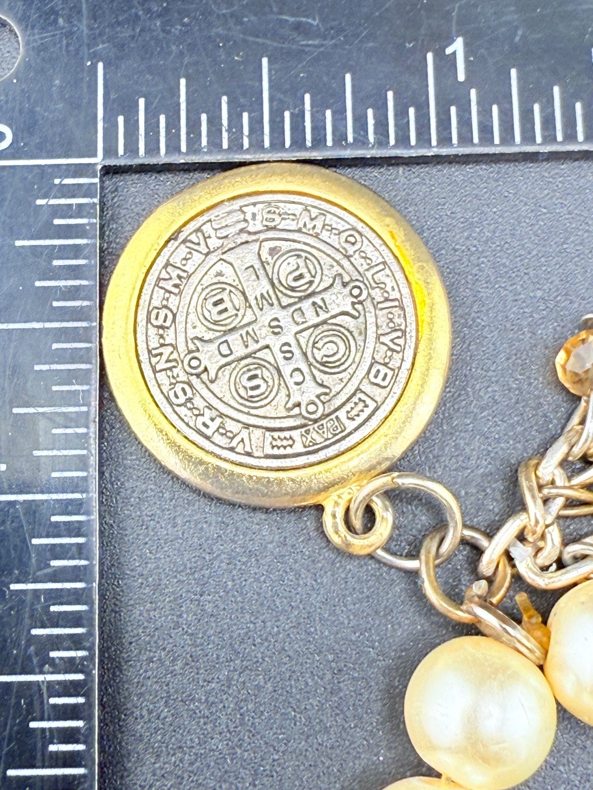 Vintage Saint Benedict Medal Bracelet Rosary Faux Pearl 7”