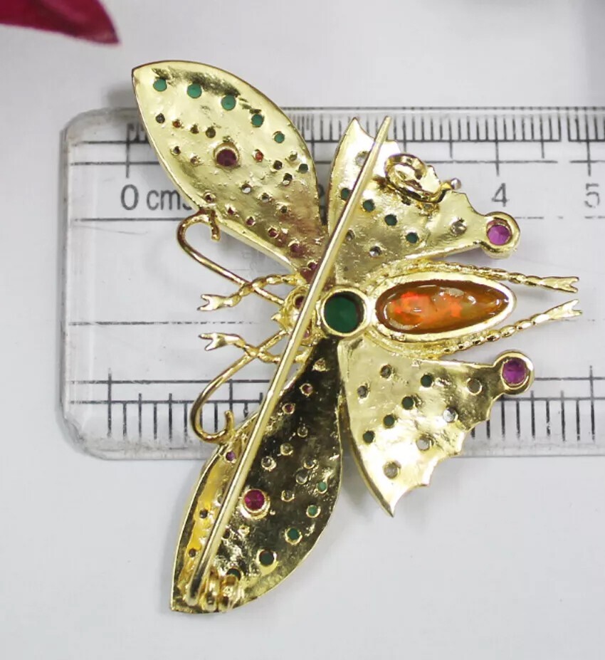 1.60ct Rose Cut Diamond Ruby Emerald Opal Victorian 925 Silver Butterfly Brooch