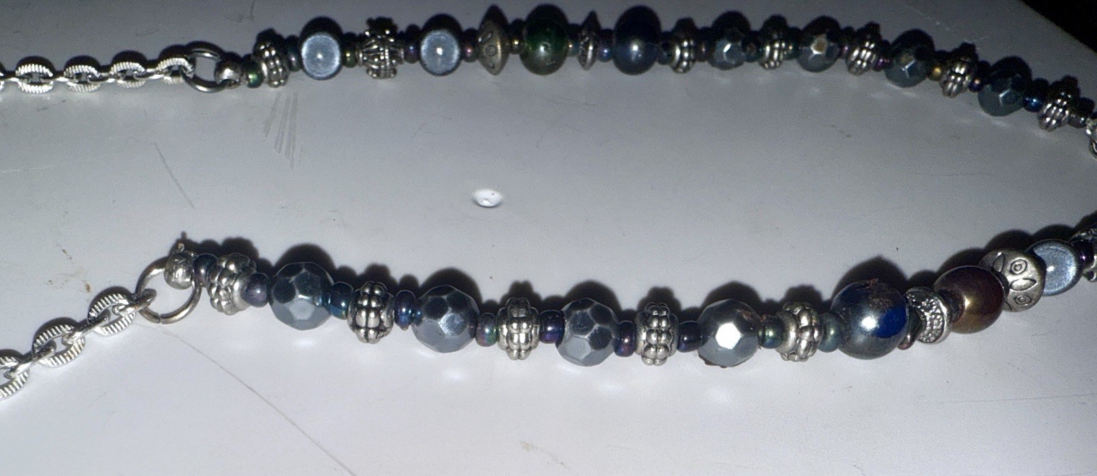 Metallic Bead Necklace Iridescent Purple, Green, White And Blue Oil Slick ~