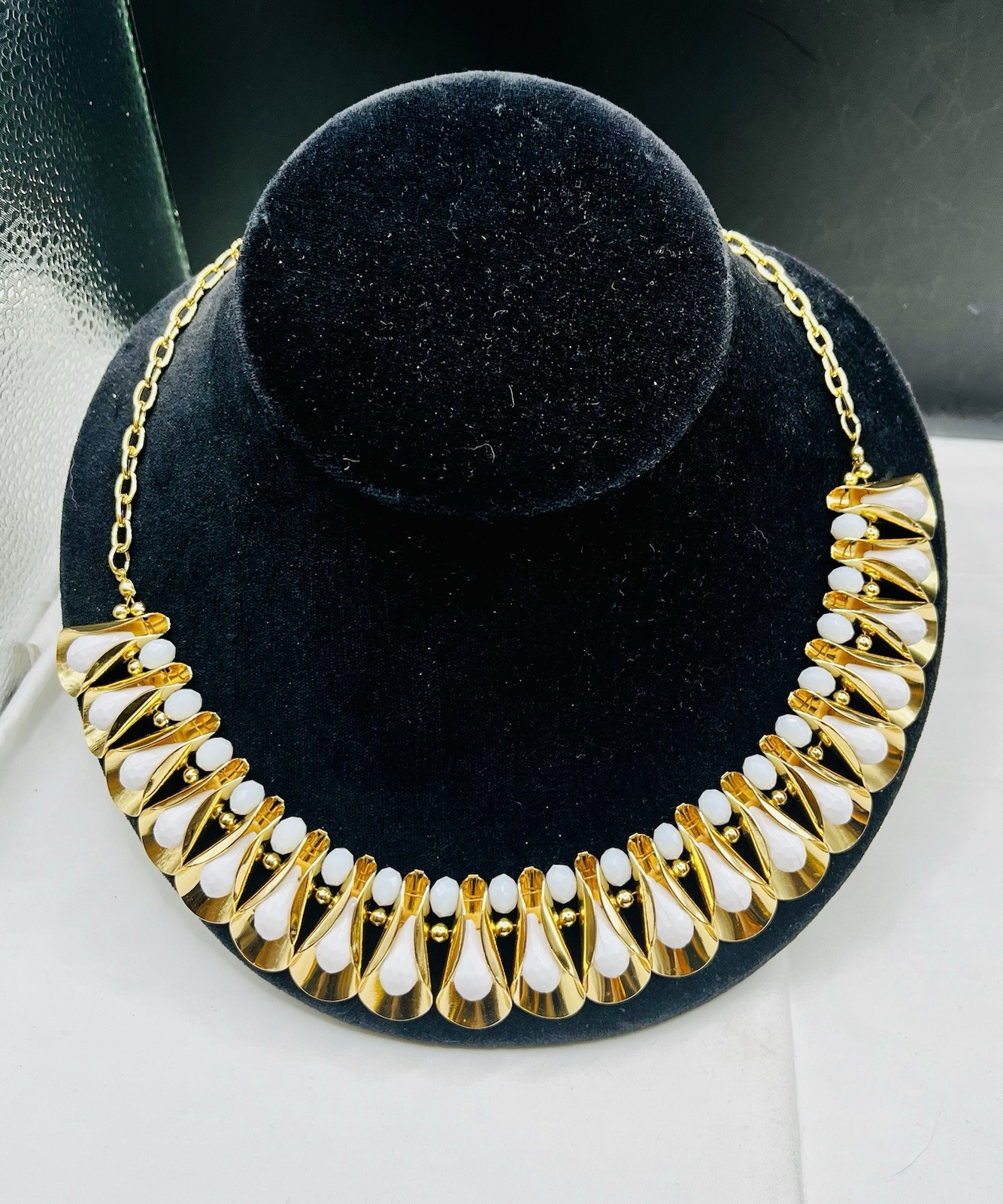 Miriam Haskell Faceted White Beaded Fluted Gold Tone Statement Collar Necklace