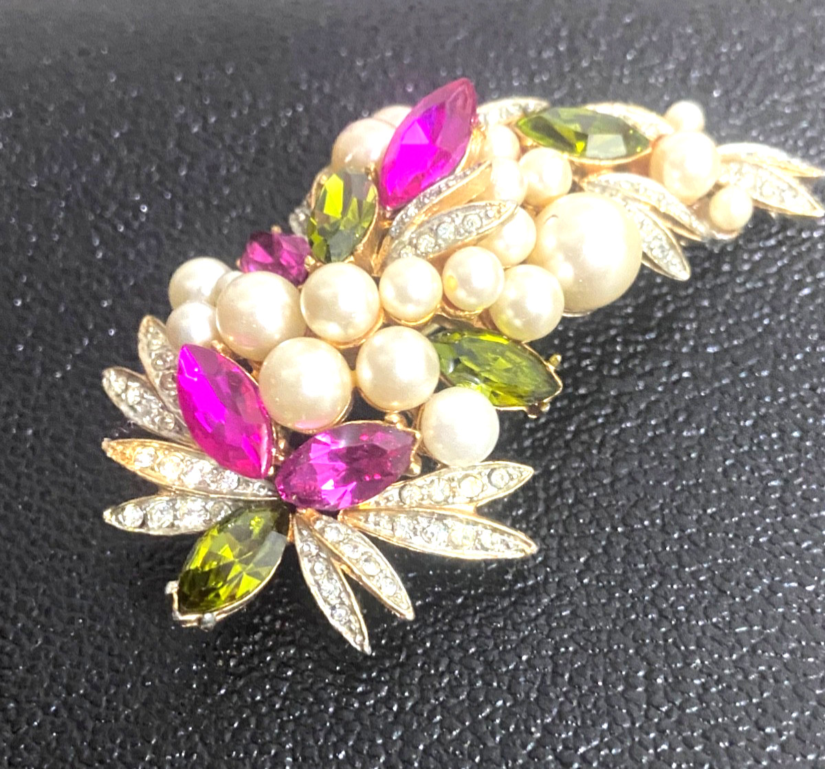 Vintage Brooch Pin, R. Mandle, Faux Pearls, Dark pink & green rhinestones