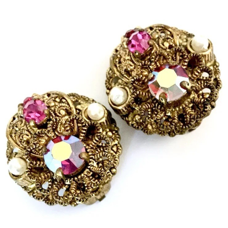 Western Germany Filigree Clip-On Earrings Brass Fuchsia Red AB Rhinestones