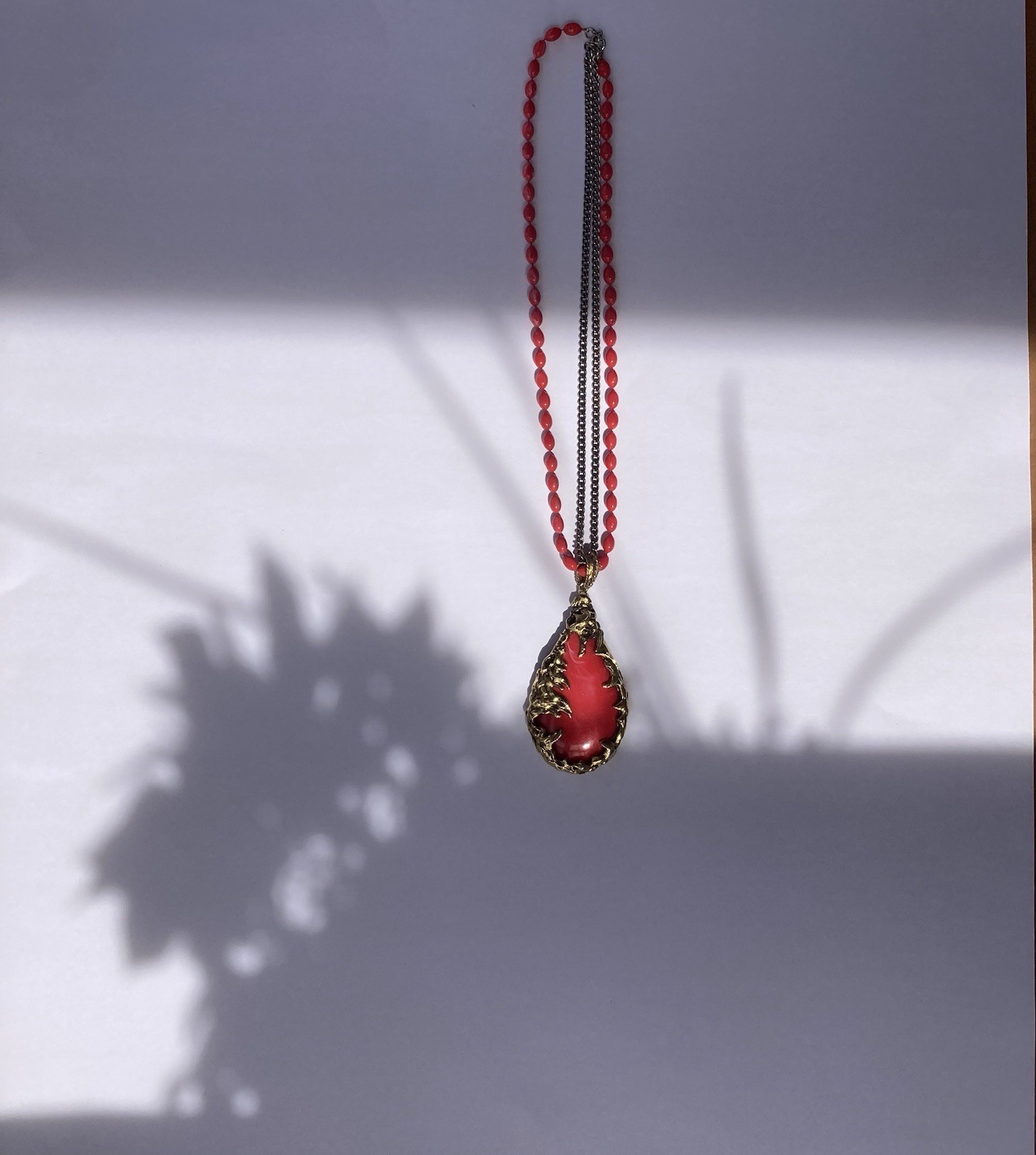 Vintage 1960s Brutalist Love Witch Necklace Deep Coral Lucite Gold Pendant