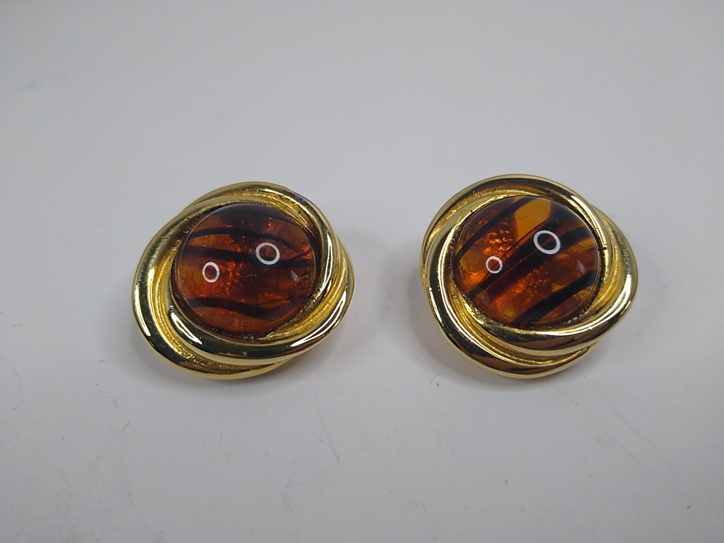Vintage Gay Boyer Tigers Eye Cabochon Clip On Earrings Signed