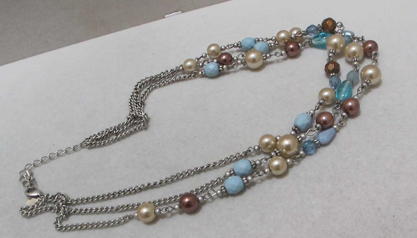 Vtg PREMIER DESIGNS 3-Strand White & Brown Faux Pearls Aqua Beads Necklace