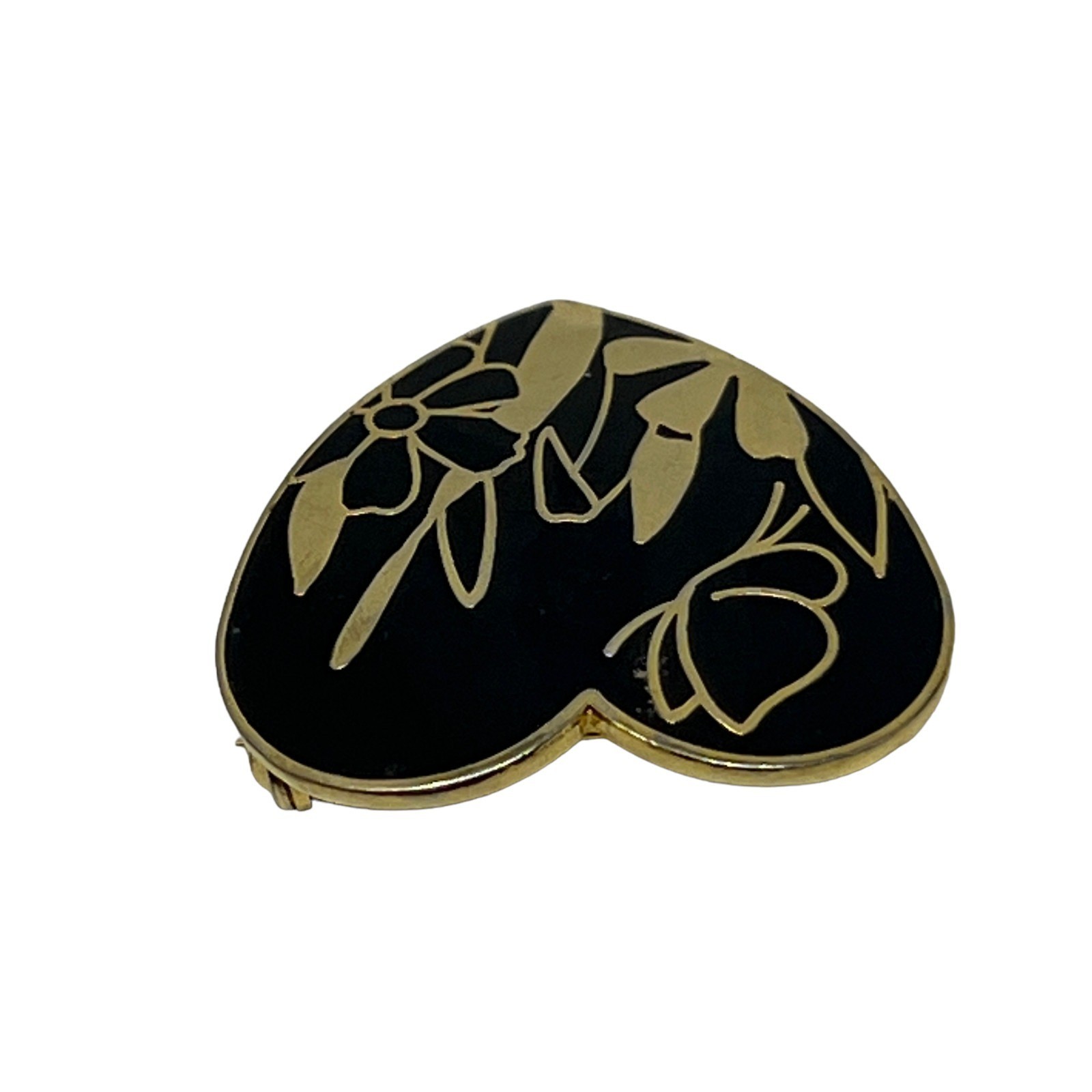 Vintage Heart Brooch Flower Butterfly Gold Tone and Black Enamel