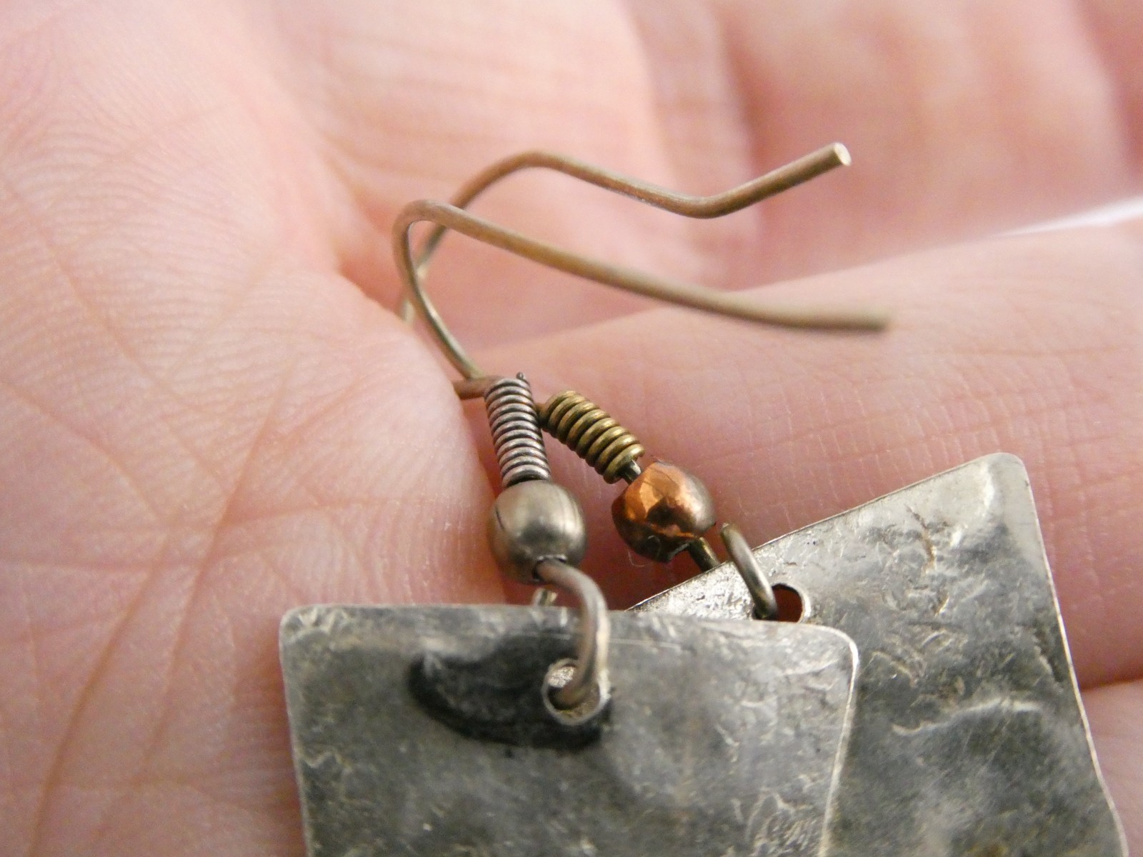 Vintage Sterling Silver Artisan Mixed Metals Iolite Hook Earrings 4.3g 1.25 Inch