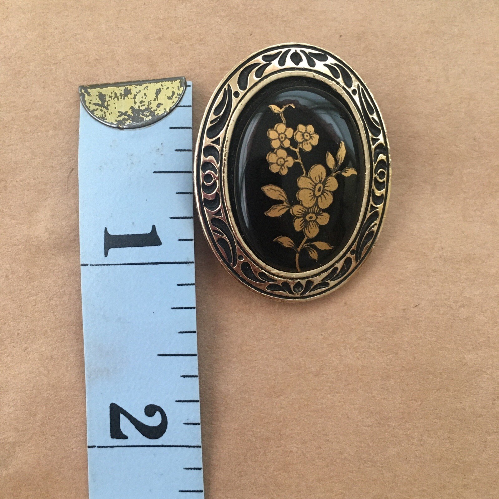 Western Germany scarf clip vintage floral gold black nature plants signed