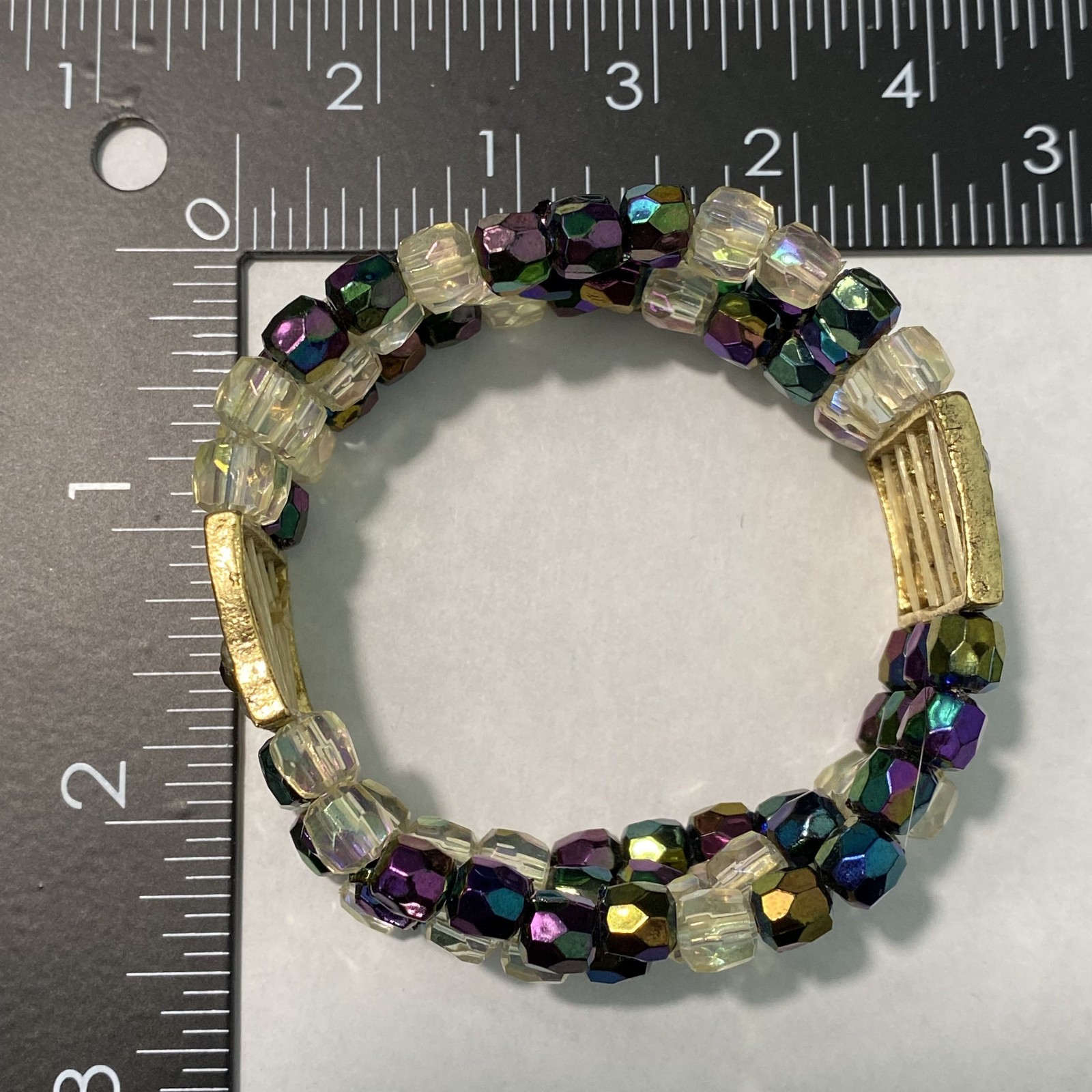 Vintage Peacock Beaded Stretch Bracelet Multi Strand Floral Cuff Iridescen