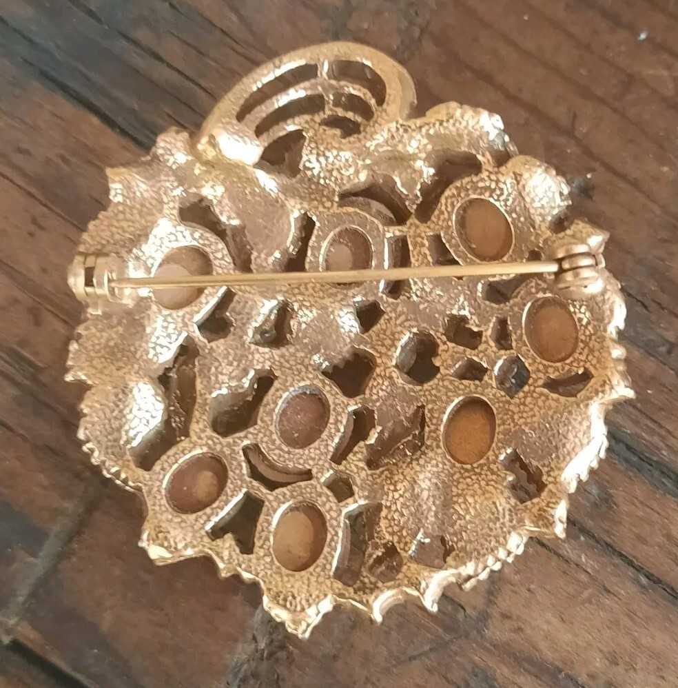 Vtg Arthur Pepper Brooch Pin Greens Cabochon Rhinestone Gold Leaves Gripoix RARE