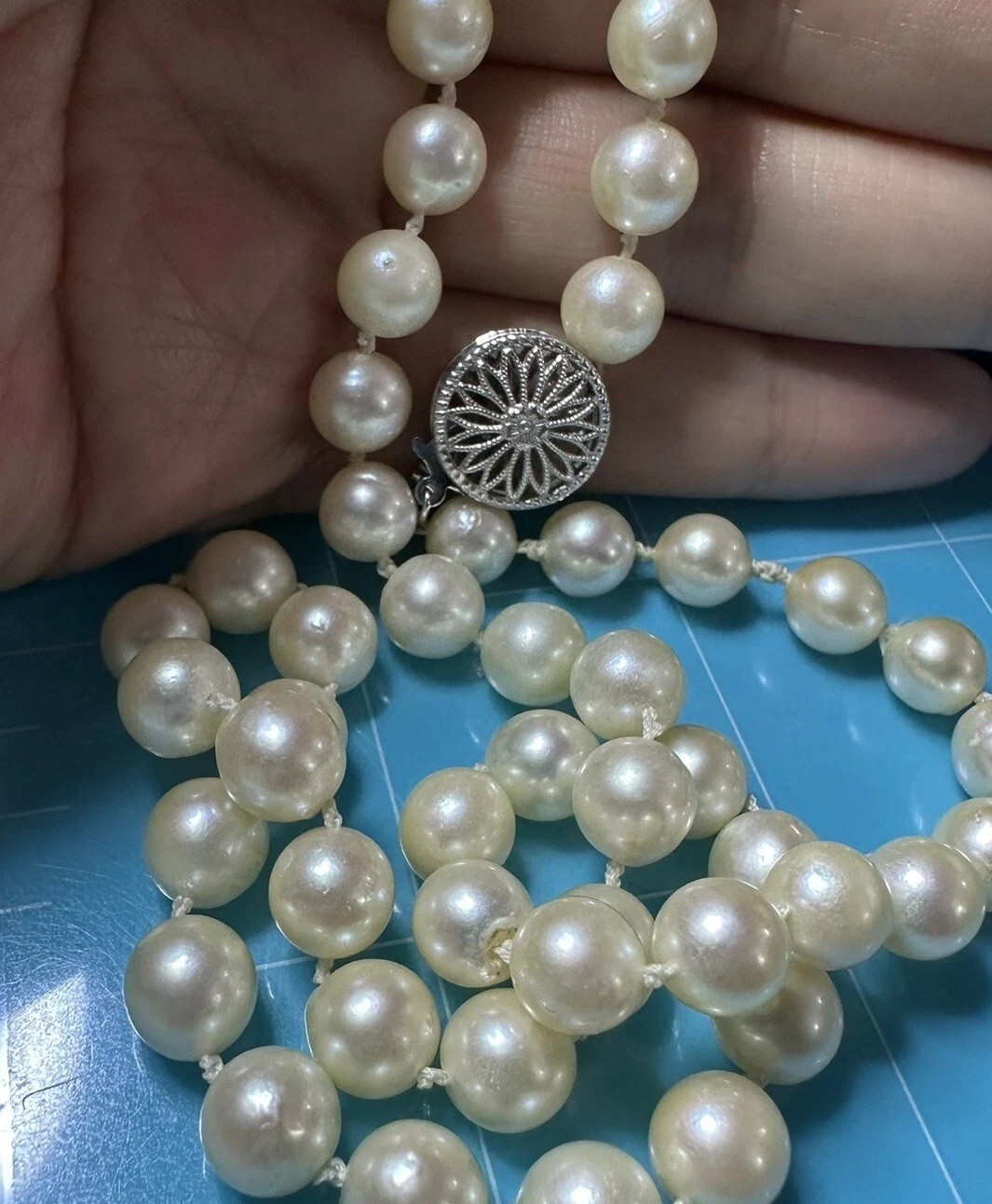 VTG Genuine Cultured 7mm Pearl Necklace W Signed 14K Gold Clasp 17.5” 27.39g