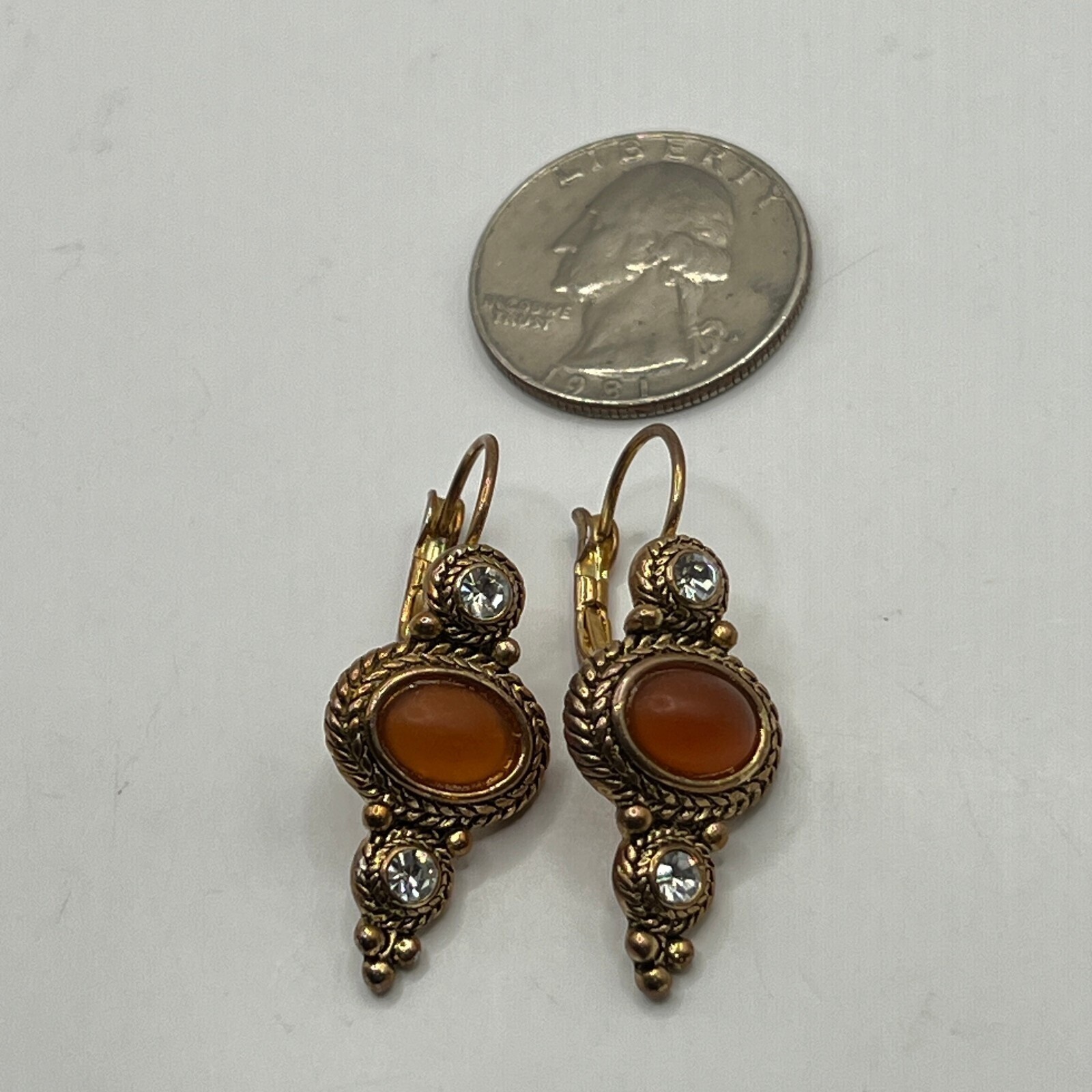 Vintage Pierced Dangle Earrings Clear Crystal Orange Acrylic Stone Drop