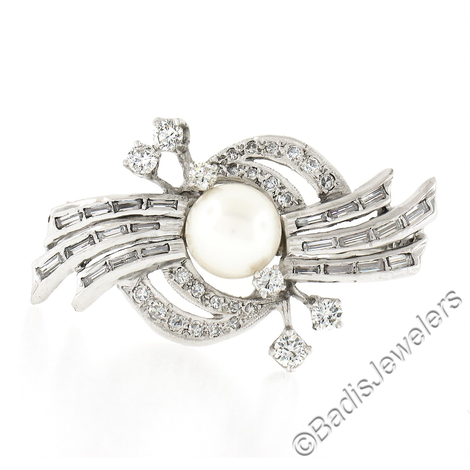 Vintage Mid Century 14K White Gold 1.2ct Diamond & FINE Pearl Cluster Pin Brooch