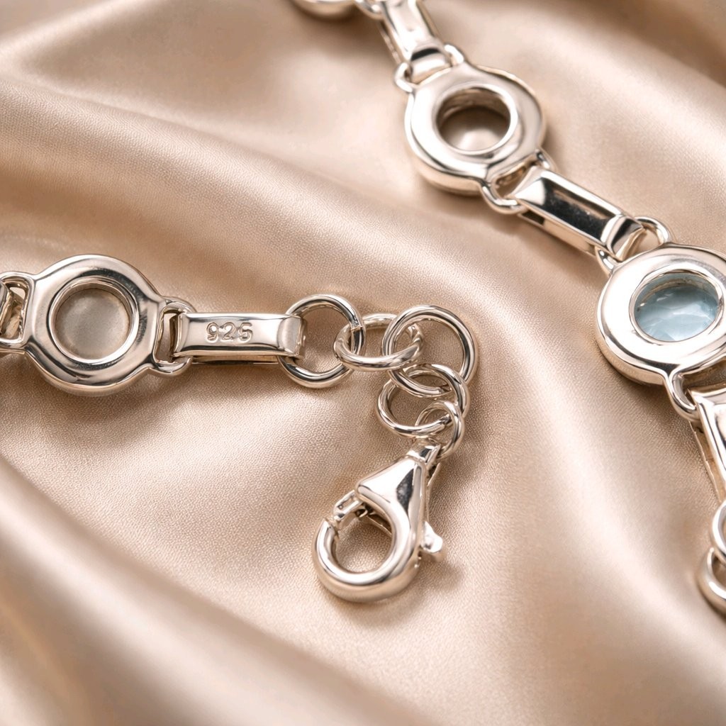 Blue Topaz Bracelet Pearl Sterling Silver Link Gemstone Bezel 925