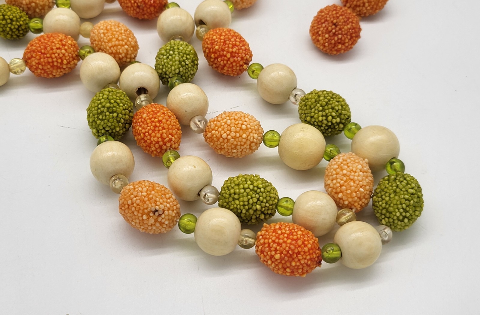 West Germany 28″ double stand popcorn bead necklace and matching clip earrings