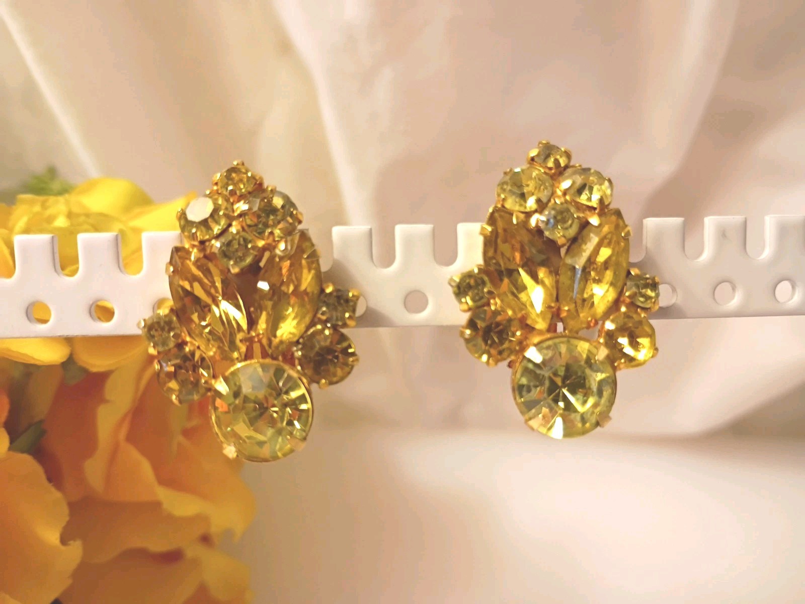 La Roco Rhinestone Vintage Clip Earrings Yellow w Gold Filled Metal