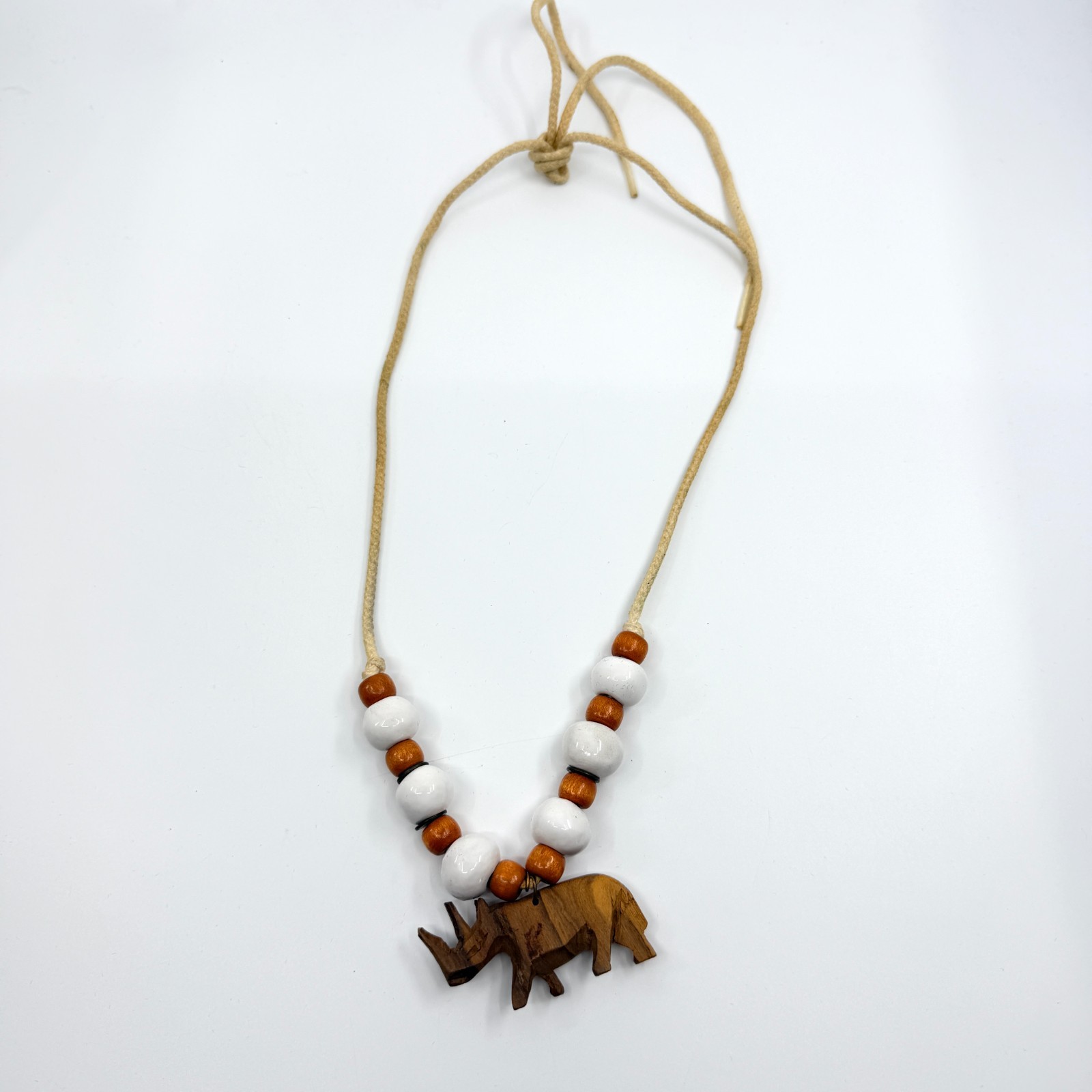 Vintage Carved Wood Rhinoceros Pendant Necklace Boho Ceramic Bead Cord 80s