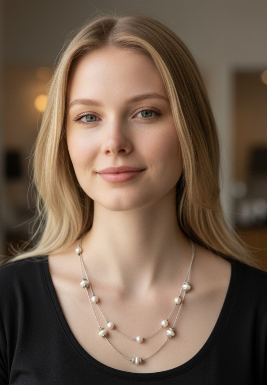 18″ Double Strand Gold-toned Chains W/Light-Colored Beads With Spacers Necklace