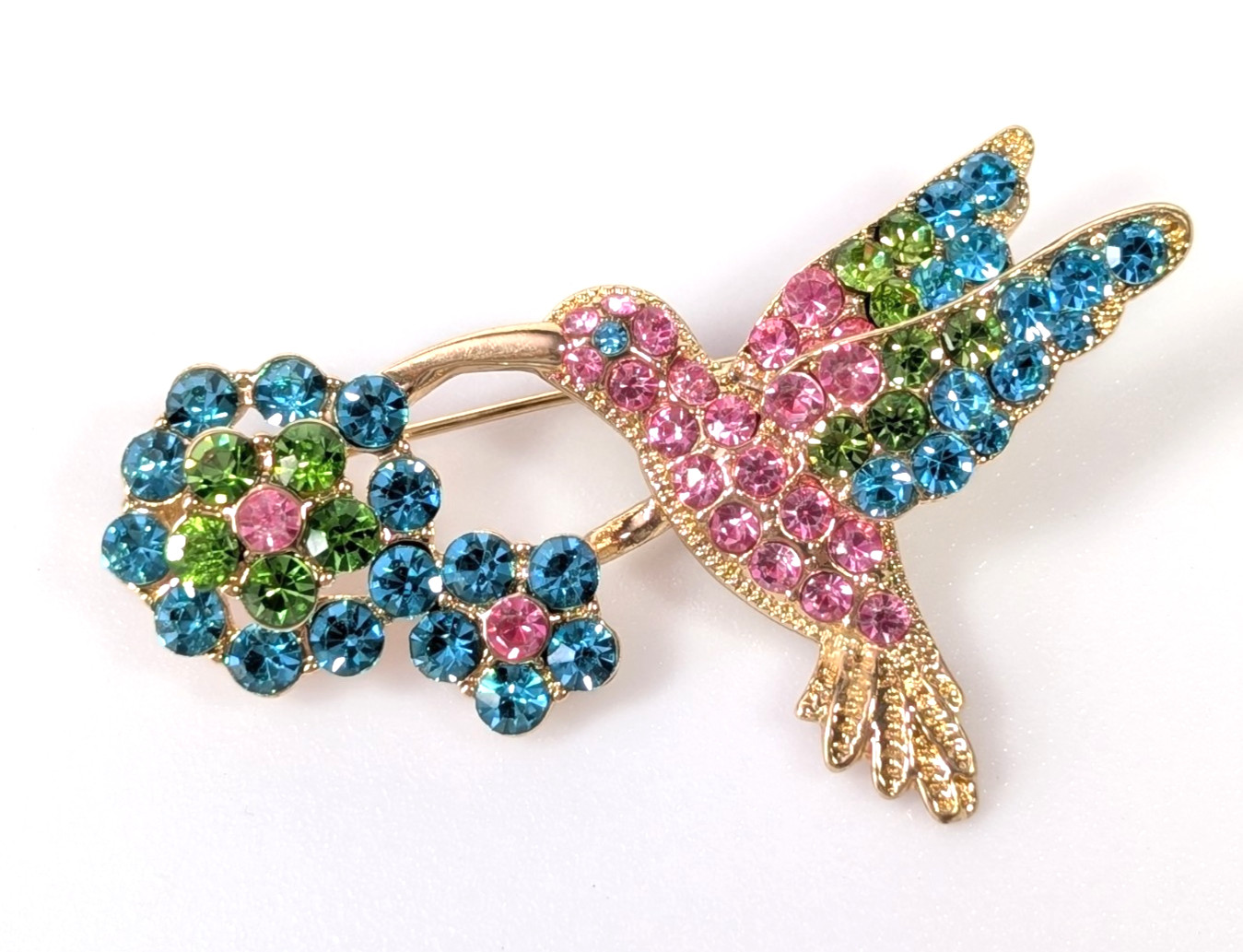 Vtg Signed MONET Vivid Blue Green Candy Pink Hummingbird Bird Flower Brooch Pin