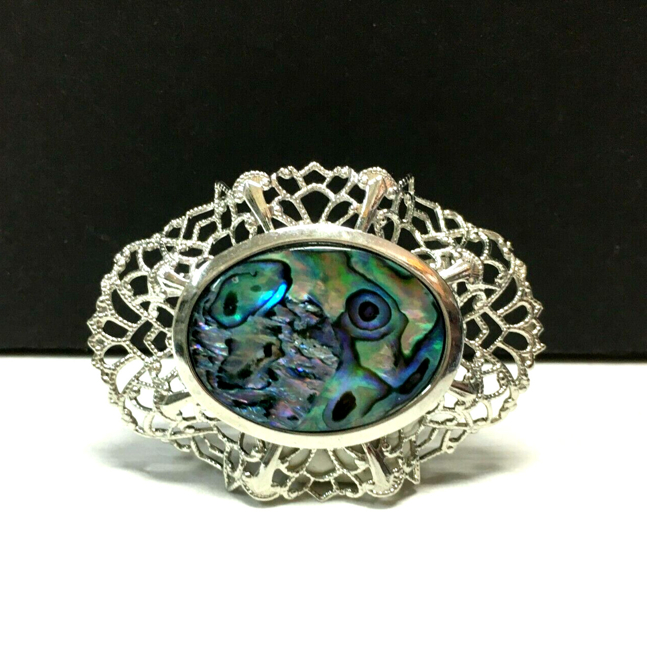 Vintage New Zealand Paua Shell ABALONE Brooch Oval Silver PL Lacy Bezel L54k