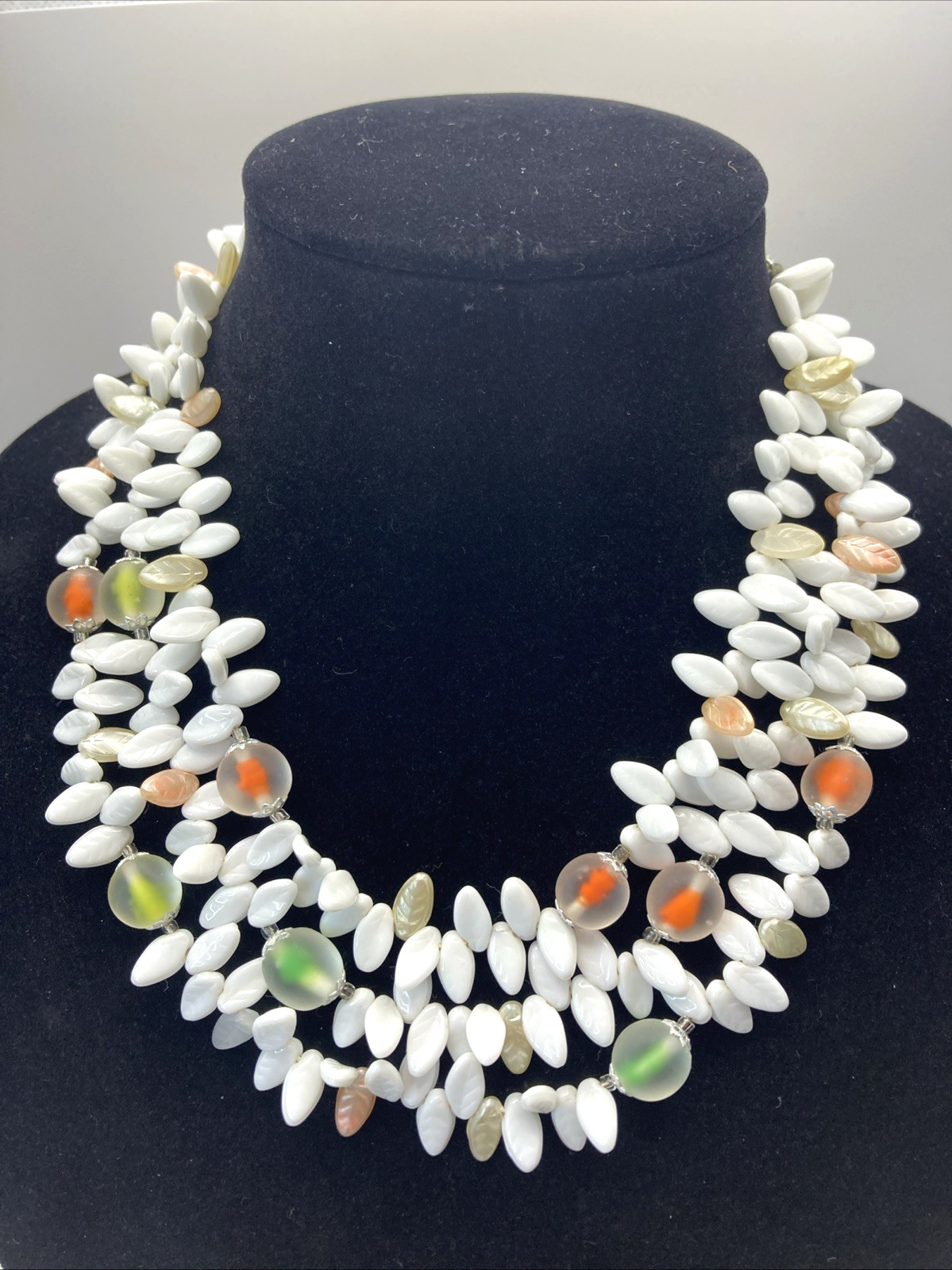 Triple Strand Plastic Orange Green White Leaves Translucent Resin Beads Necklace