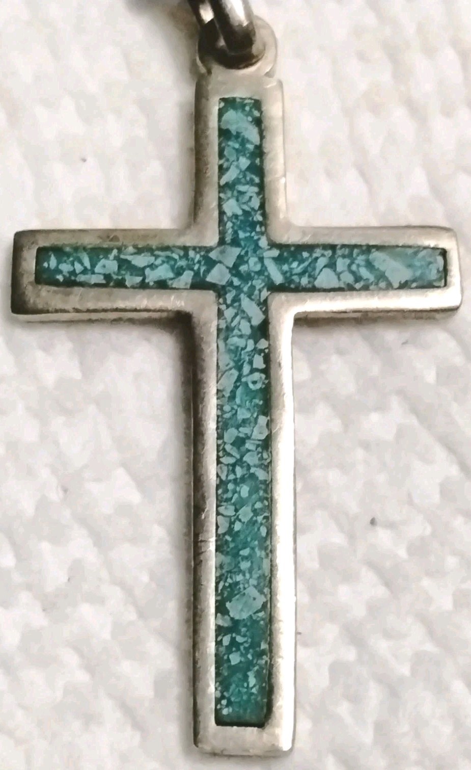Vintage Estate 925 Sterling Silver Mexico Turquoise Cross Religious Pendant 18″