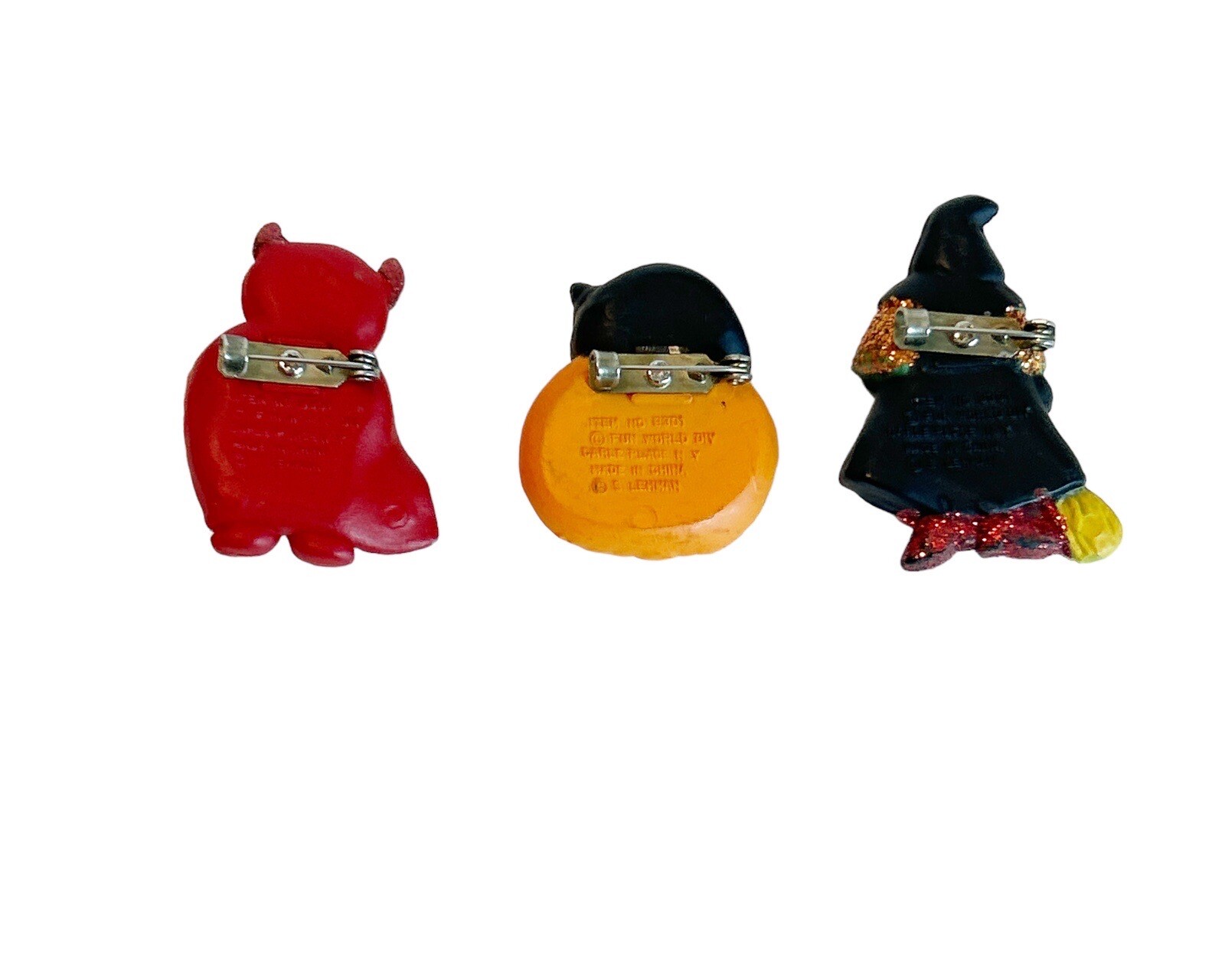 Fun World Halloween Witch Devil Cat on Pumpkin Pins Brooch Set of 3 Colorful