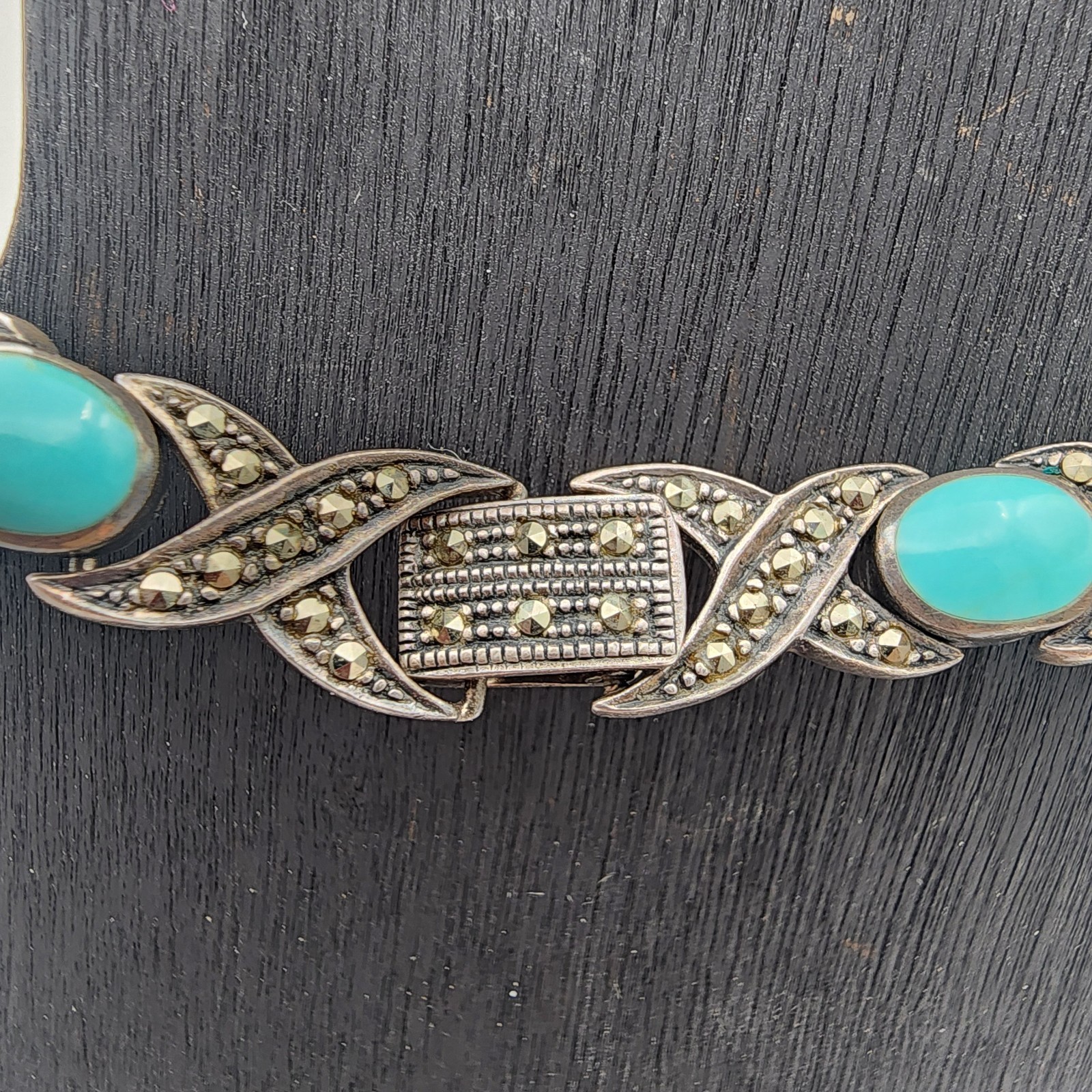 VTG FAS 925 Sterling Silver Marcasite Turquoise XO Link Bracelet 7.25in GUC