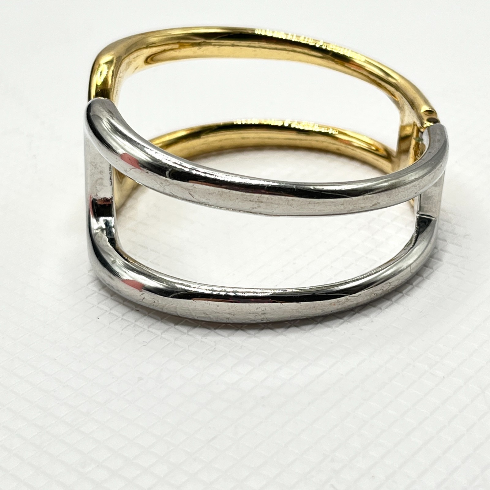 Mixed Silver & Gold Tone Metal Sculptural Bracelet w/ Open Work Hinged Bangle