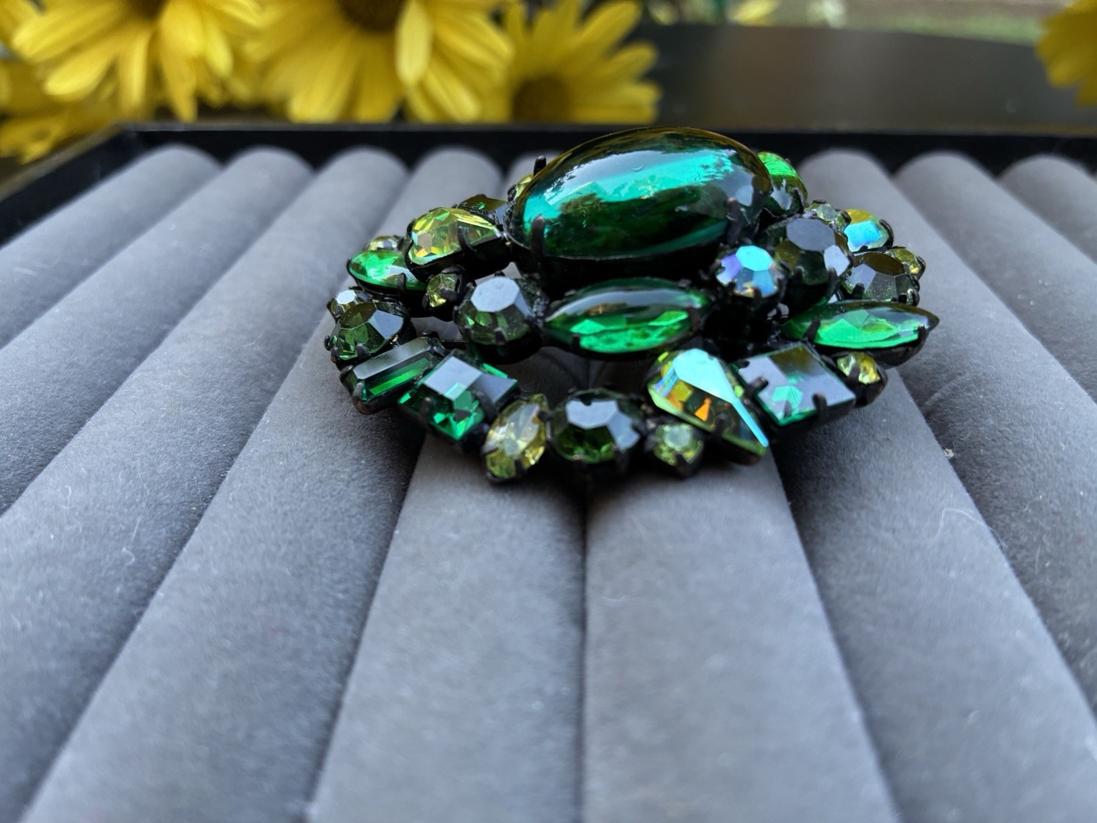 Original by Robert Brooch Green Cabochon and Multi Green Rhinestones Pendant