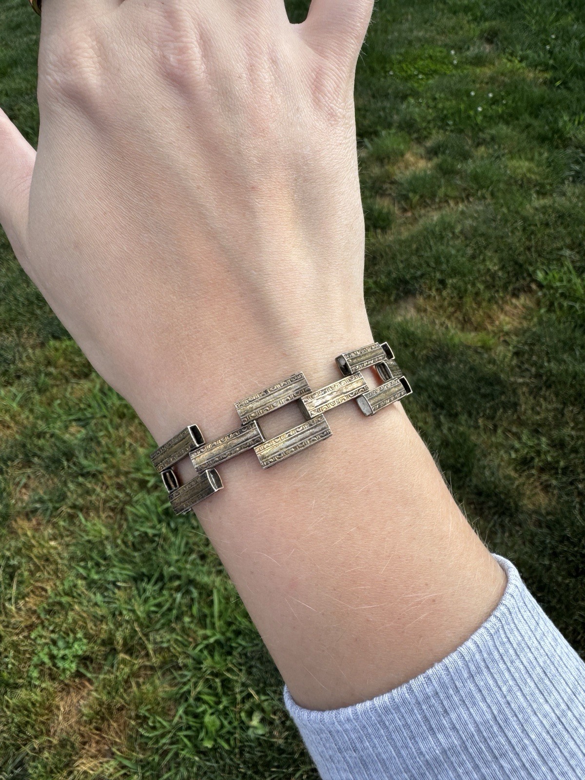 Art Deco Embossed Articulated Link Chain Sterling Silver Bracelet