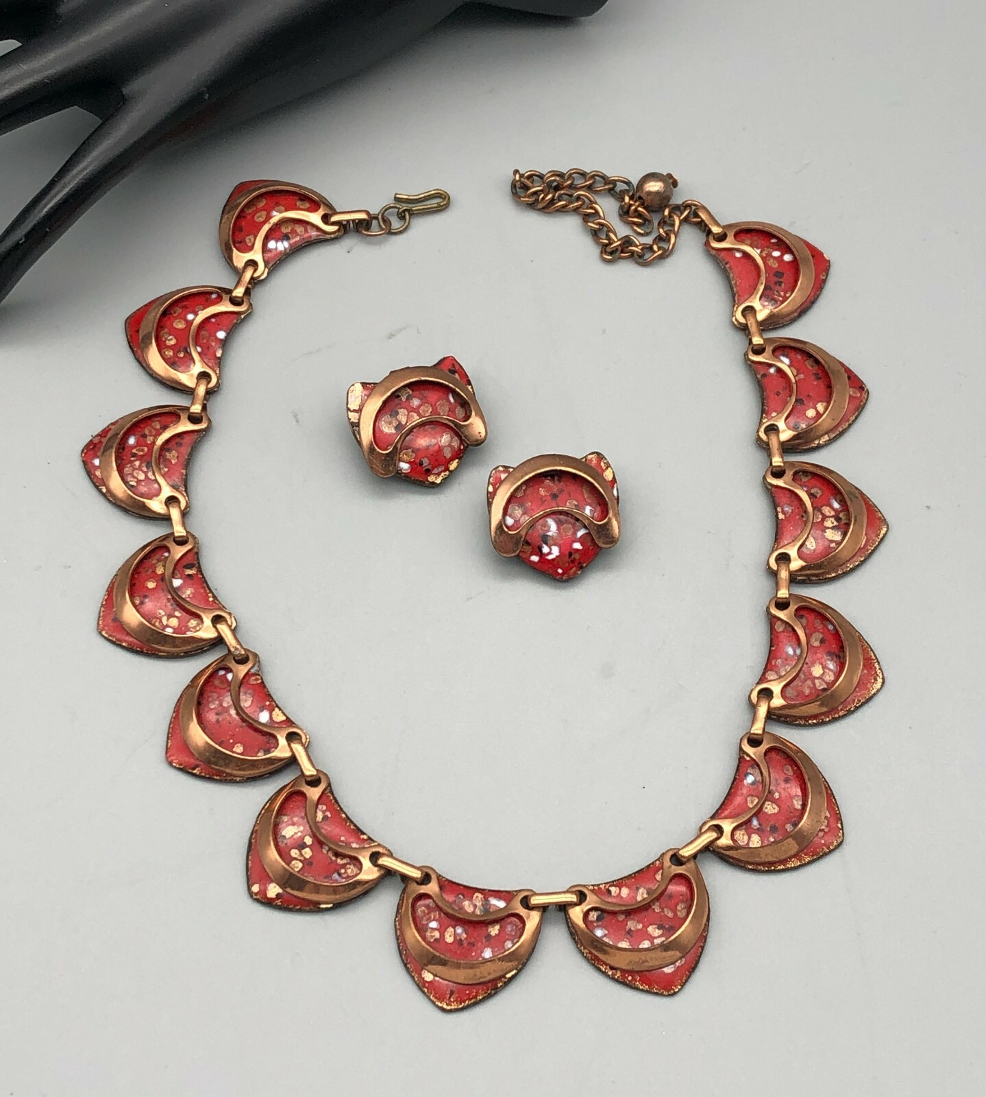 Vintage MCM Matisse Red Spotted Enamel w/Copper Overlay Necklace & Earrings Set