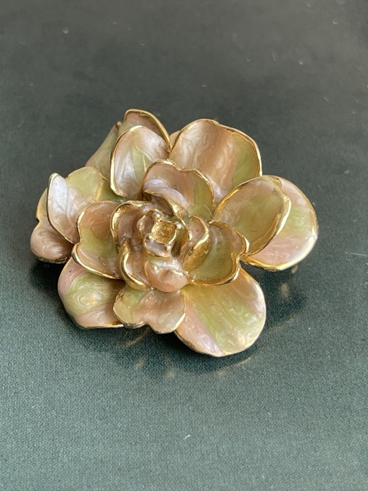Vintage Joan Rivers Camellia Flower Brooch Enamel Gold Tone Signed
